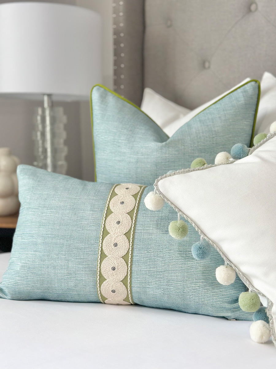 Seaglass decorative accent pillow featuring luxurious embroidered decorative tape. Custom seaglass throw Pillow Cover with green decorative tape – luxury designer pillow for modern Coastal Decor.