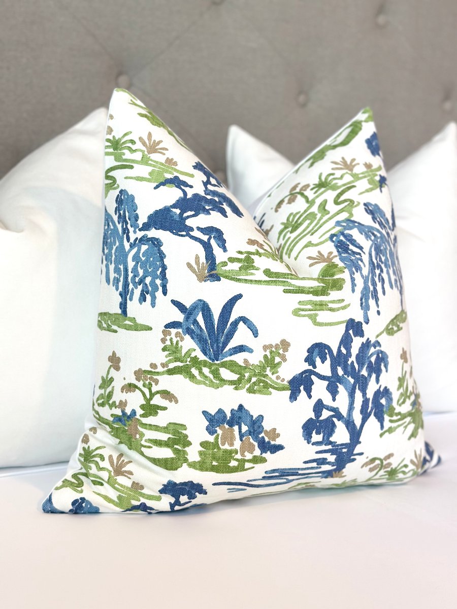 Custom Meadow Blue Green Throw Pillow Cover – Luxury designer accent pillow with serene blue and green hues. Made-to-order, premium fabric for elegant and comfortable home decor. Perfect for living room, bedroom, or nature-inspired interiors.