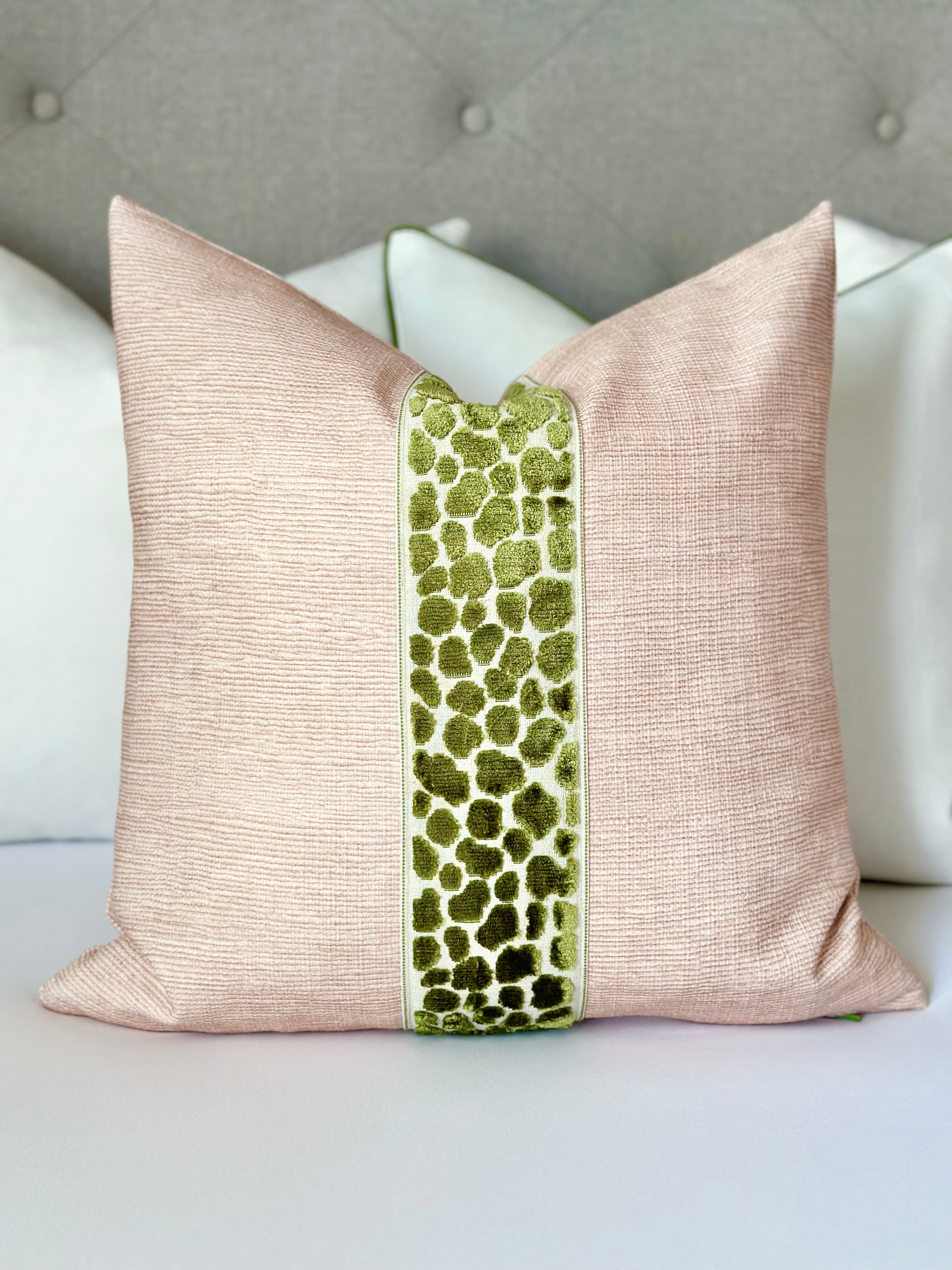 Custom Blush Throw Pillow Cover with Dark Green Cheetah Decorative Tape – Luxury Designer Pillow for Modern Coastal and Contemporary Home Decor. Made-to-Order, Handmade Pillow with Bold Contrast and Elegant Craftsmanship. High-Quality Accent Pillow for Living Room, Bedroom. Adding a Stylish Touch to Luxury Interiors.