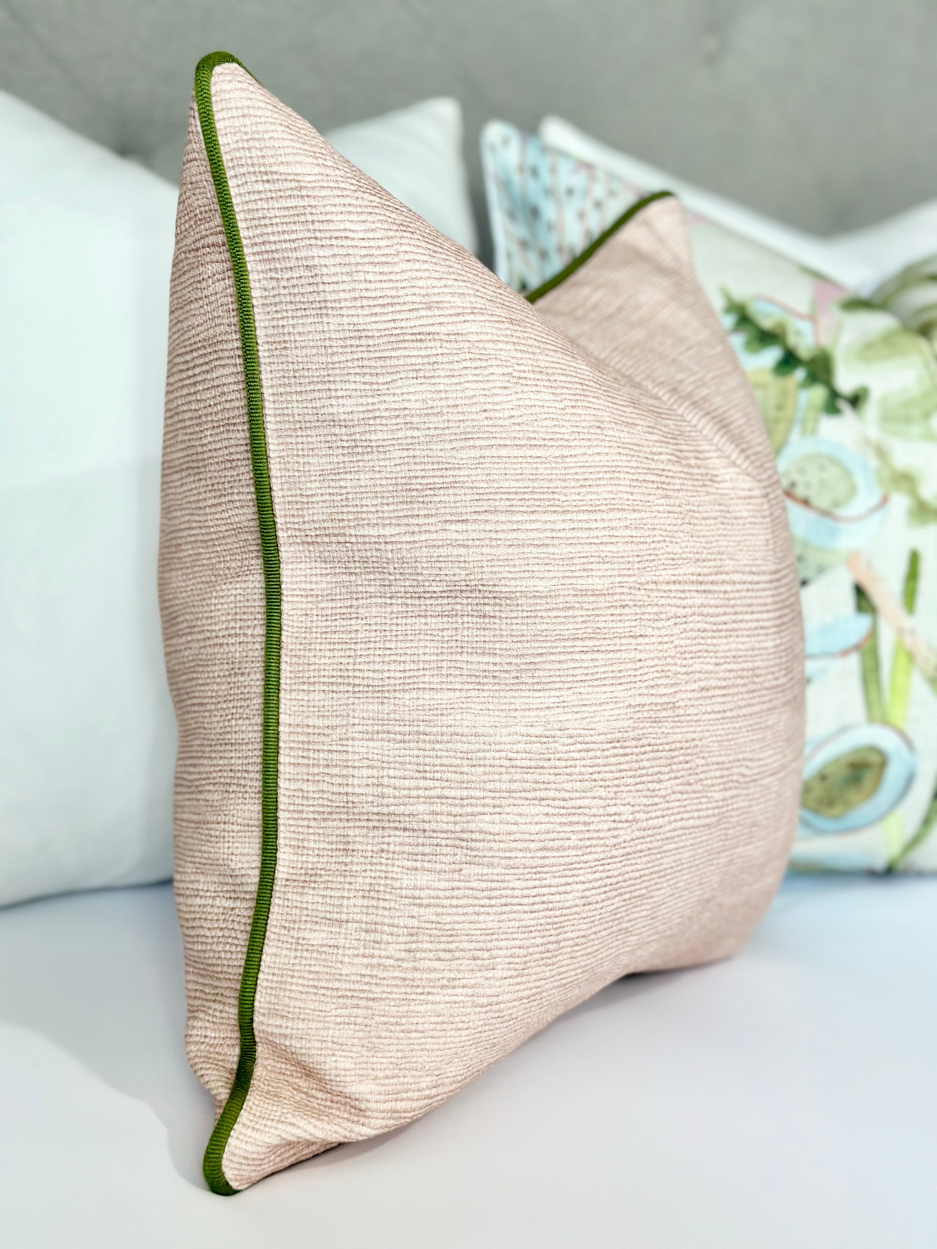 Custom Blush Pillow Cover with Vibrant Green Trim – Luxury Designer Accent Pillow for Modern and Contemporary Home Decor. Made-to-Order, High-Quality Decorative Throw Pillow for Living Room, Bedroom, or Sofa. Unique, Handcrafted Luxury Pillow Cover for Elegant and Stylish Interiors.