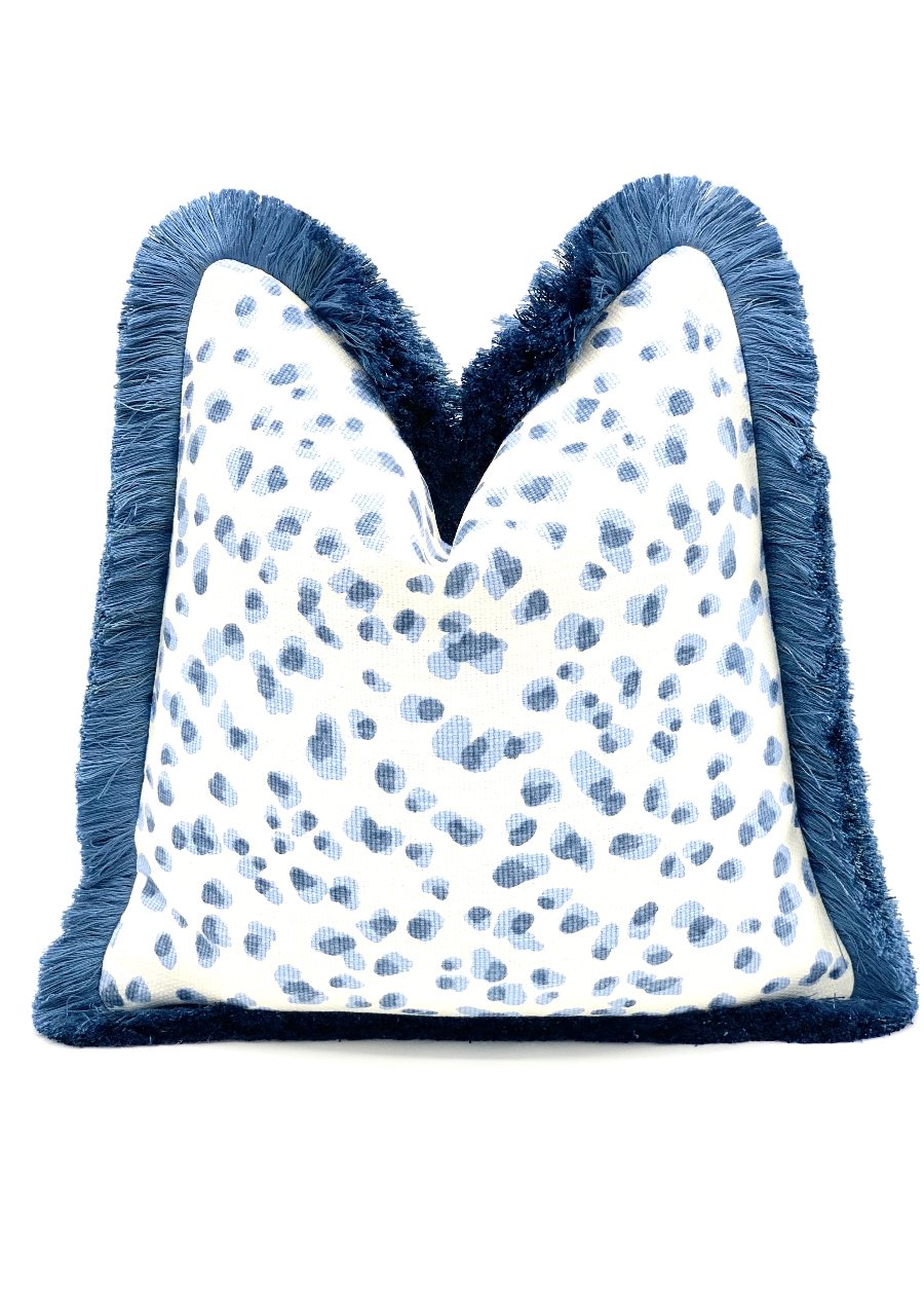 Blue leopard pillow cover with Chinoiserie-inspired design, featuring a striking blue leopard print and delicate blue brushed fringe detailing, crafted from premium designer fabric to elevate modern or traditional decor.