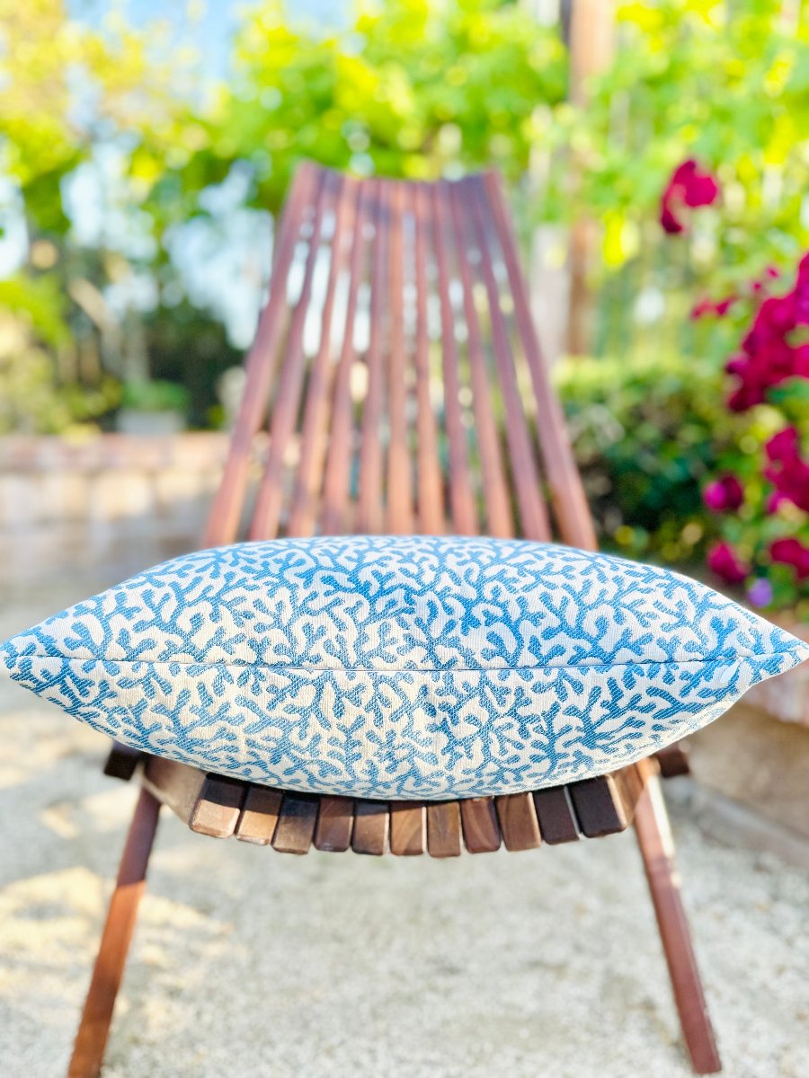 Blue coral outdoor throw pillow with a vibrant coral pattern, ideal for patios, decks, and poolside decor. Blue coral outdoor pillow, coastal outdoor decor, poolside throw pillow, durable patio pillow, coral pattern cushion, outdoor accent pillow, stylish deck decor, coastal elegance pillow, outdoor oasis accessory, vibrant outdoor pillow.