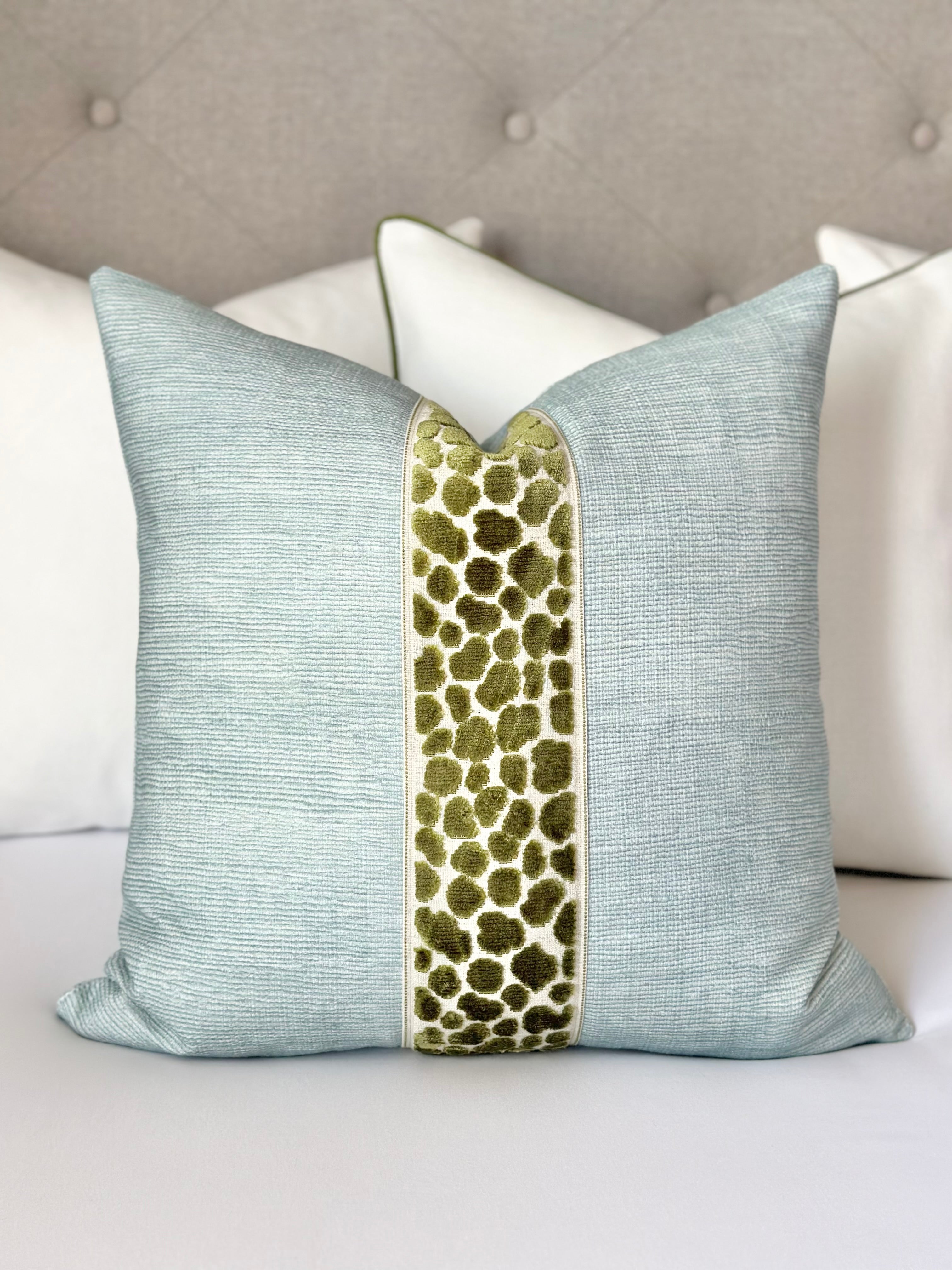 Custom Seaglass Pillow Cover with Dark Green Cheetah Decorative Tape – Designer Throw Pillow for Modern Coastal and Luxury Home Decor. Made-to-Order, Serene Ocean-Inspired Seaglass Fabric with Bold Dark Green Cheetah Pattern. Luxury Decorative Pillow for Living Room, Bedroom with Unique, Handcrafted Detailing.
