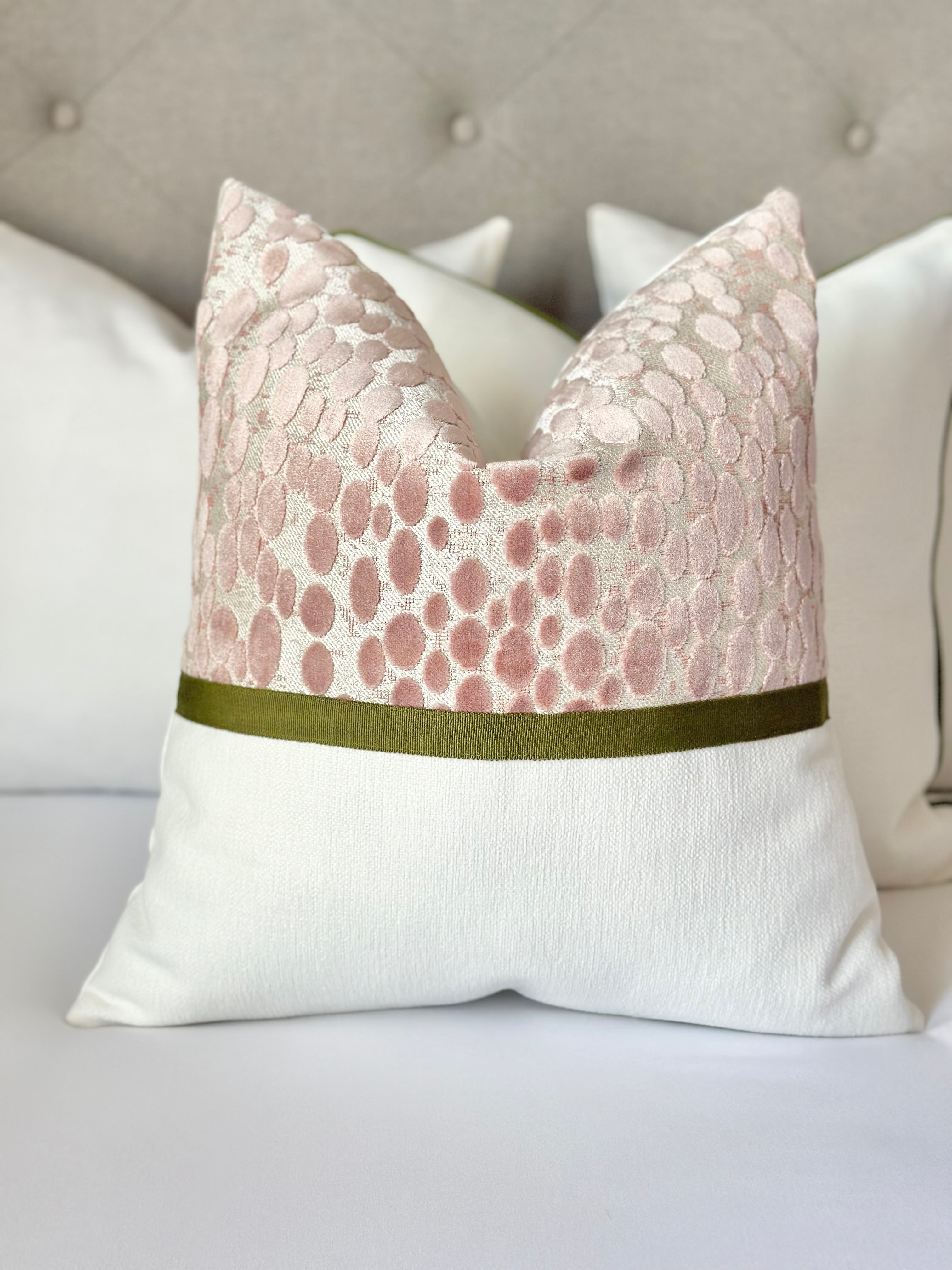 Luxury Custom Pillow Cover with White Chenille and Blush Velvet, Olive Green Decorative Tape. Made-to-Order Designer Pillow for Modern Home Decor. Elegant, Soft Fabrics Perfect for Living Room, Bedroom, or Sofa. Unique Decorative Throw Pillow with Modern Luxury, Custom-Made to Enhance Your Home Decor with Comfort and Style.