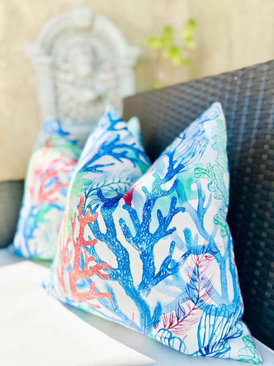 outdoor coral throw pillow, tropical decor cushion, custom outdoor pillow, red blue green coral design pillow, patio and pool decor, vibrant outdoor cushion, invisible zipper pillow, made-to-order outdoor pillows, tropical oasis decor, colorful outdoor seating pillows