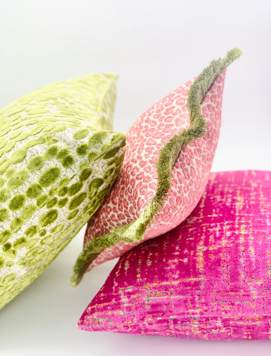 Made-to-order pink cheetah throw pillow cover with olive green fringe detailing - custom accent pillow in soft, luxurious designer fabric for modern home decor Custom pink cheetah throw pillow cover with olive green fringe detail - made-to-order accent pillow in soft, luxury designer fabric featuring chinoiserie
