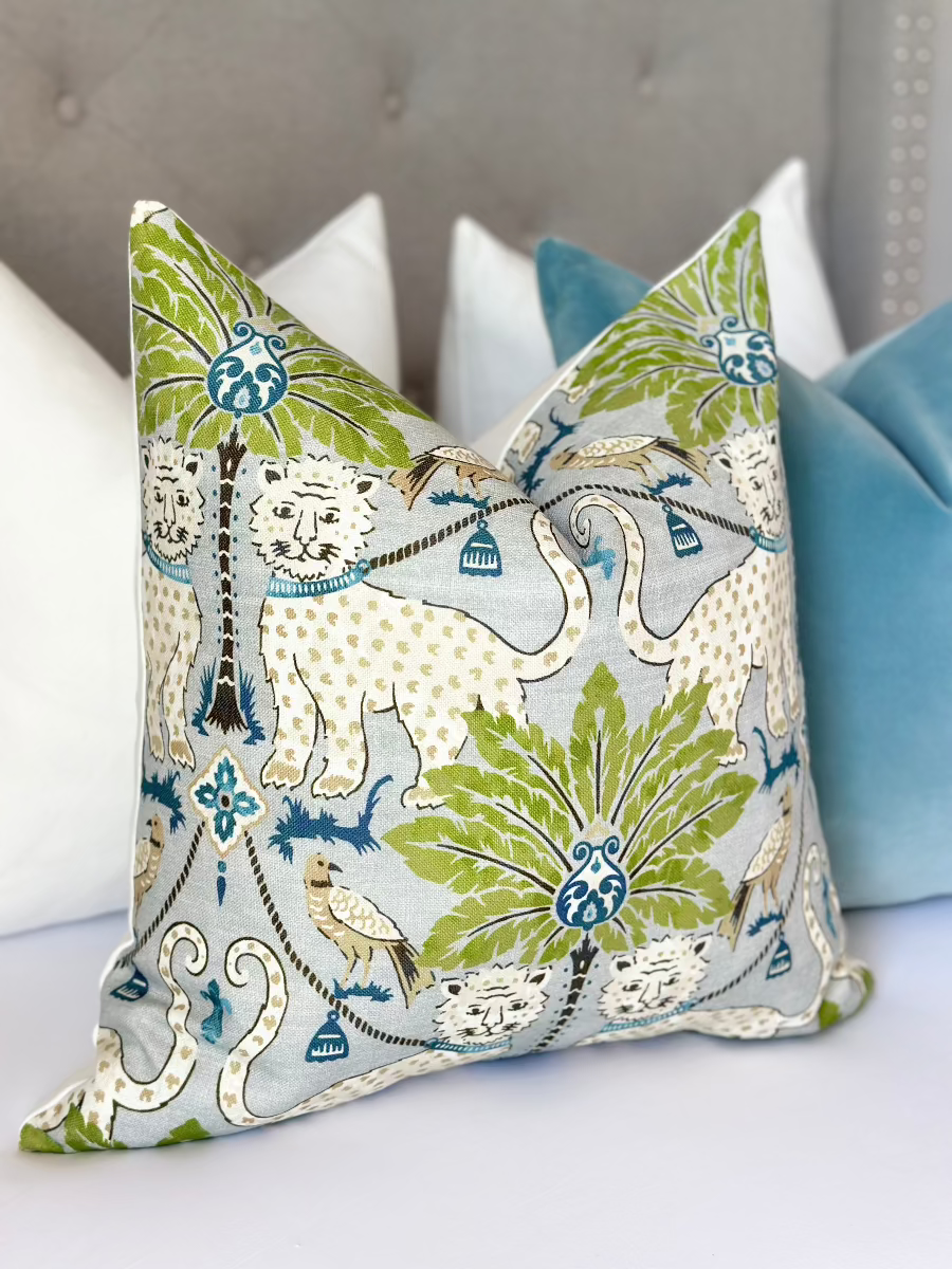 Custom happy jaguar and palm tree throw pillow cover in classic design, crafted from high-quality designer fabric to add a playful and elegant touch to your home decor.