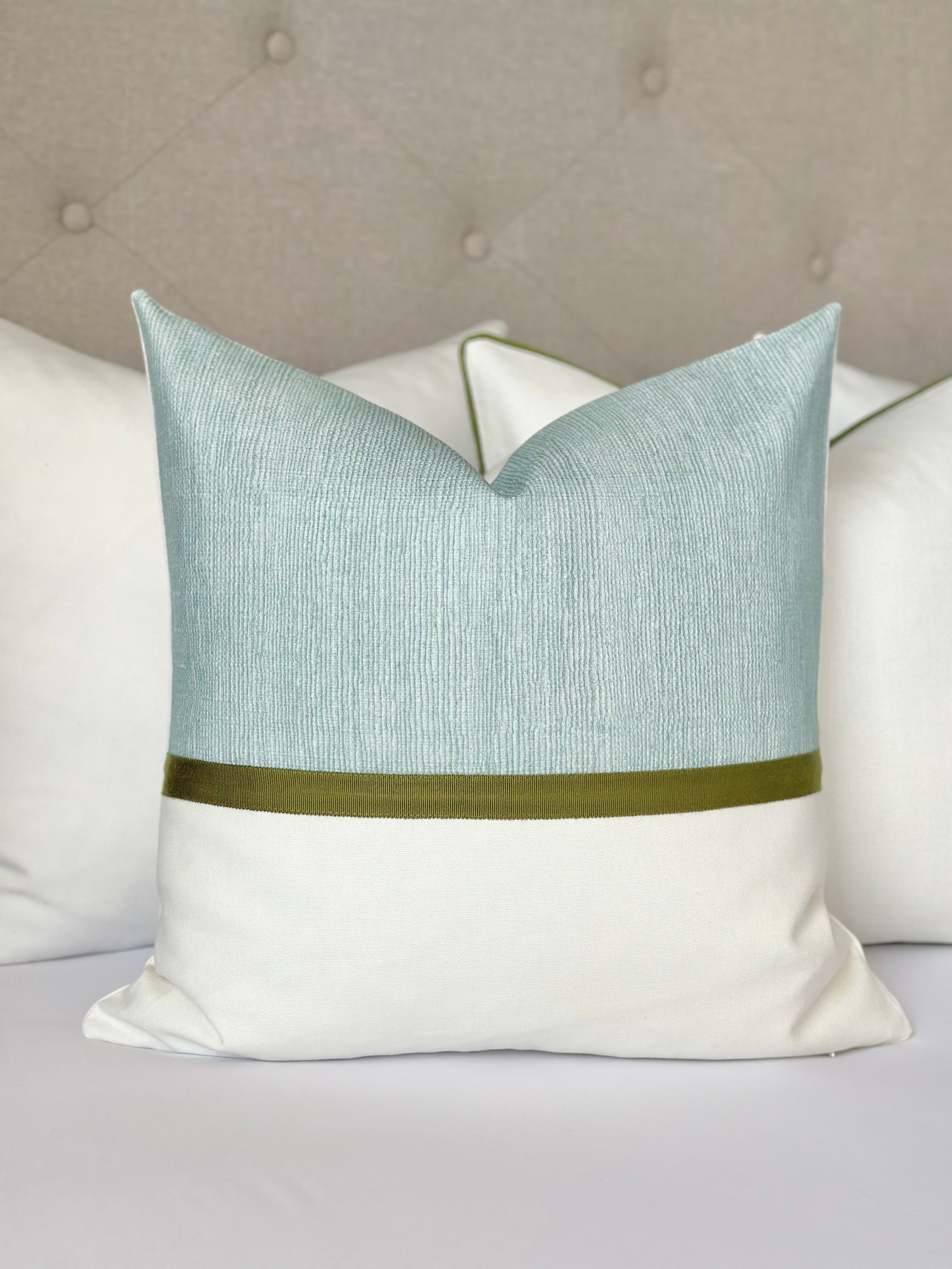 Custom Modern Designer Pillow in White and Seaglass with Green Decorative Tape – Luxury Accent Pillow for Coastal and Contemporary Home Decor. Made-to-Order High-Quality Pillow for Living Room, Bedroom, Sofa, or Bed. Stylish Designer Craftsmanship with Elegant Color Contrast for Luxury Interiors.