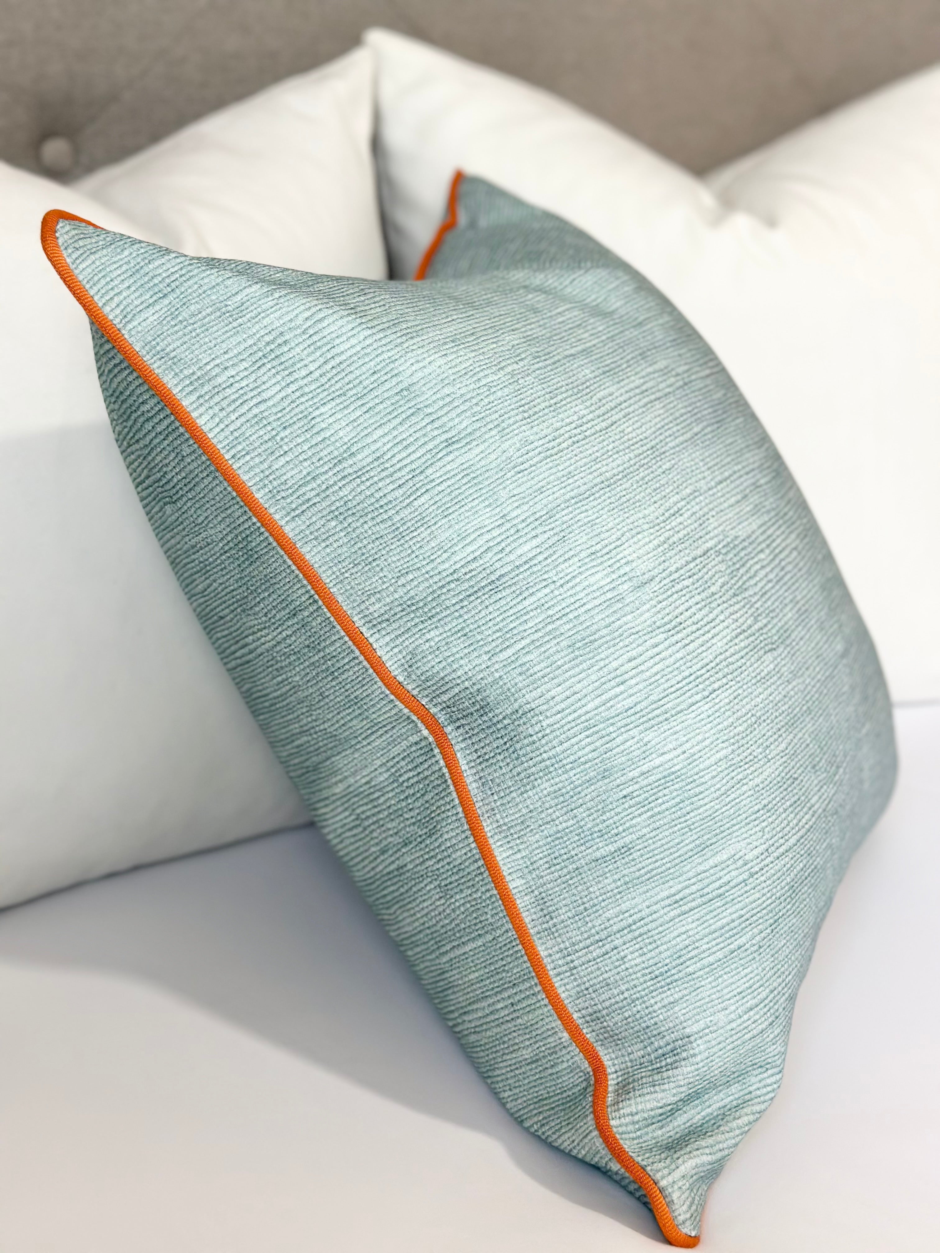 Custom Seaglass Throw Pillow with Orange Trim – Made-to-Order Designer Pillow for Modern Luxury Decor. Serene Seaglass Blue Fabric with Elegant Orange Accent for Living Room, Bedroom, or Sofa. High-Quality Handmade Pillow Cover, Soft Texture, and Stylish Decorative Throw Pillow for Luxury Home Interiors.