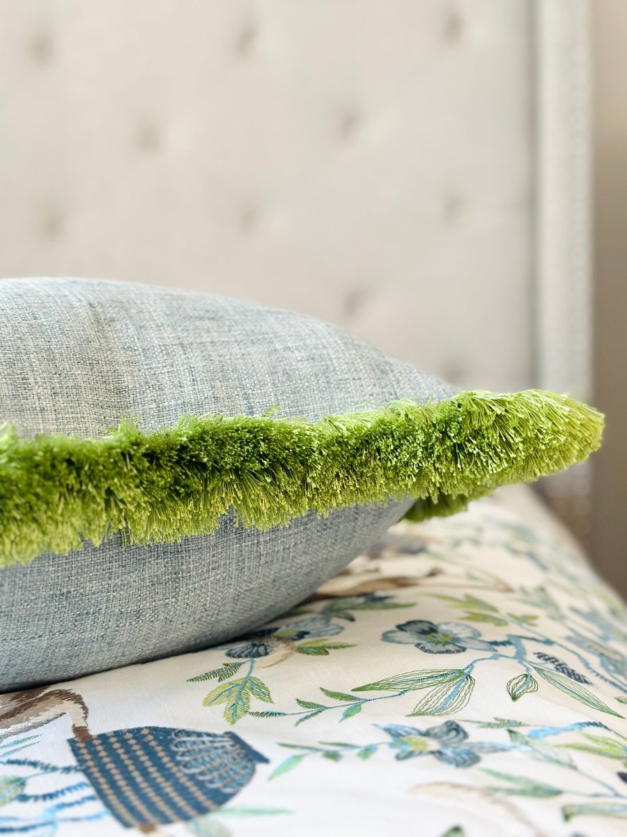 Mist blue throw pillow with apple green brushed fringe, made-to-order designer pillow. Elegant, soft fabric with luxurious texture and unique playfulness for modern home decor. luxury pillow, decorative pillow, soft fabric