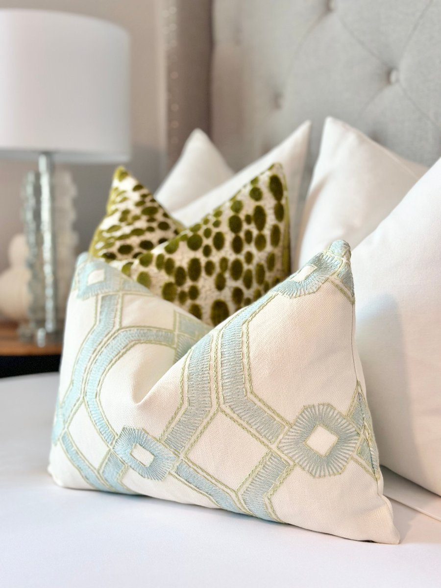 Made-to-order custom pillow with luxurious silky texture and seaglass-colored embroidery - designer fabric throw pillow. This custom-designed pillow is perfect for elevating modern home decor with a unique and elegant touch.