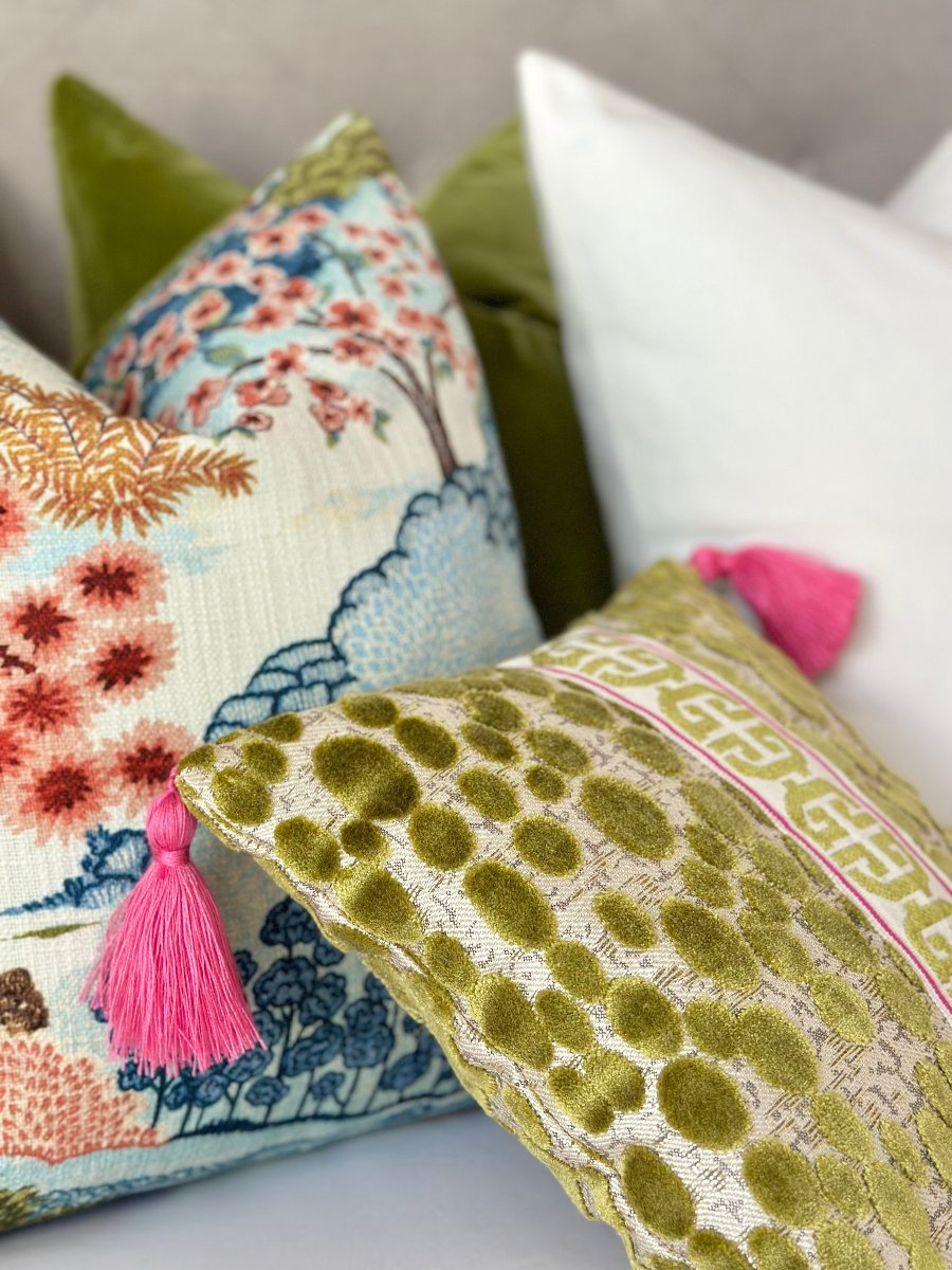 green velvet pillow, mini throw pillow, embroidered pillow, key tape detailing, pink tassels, luxurious accent pillow, decorative pillow, petite throw pillow, designer pillow, home decor, modern luxury, elegant pillow cover, sofa pillow, bed pillow, unique accent piece