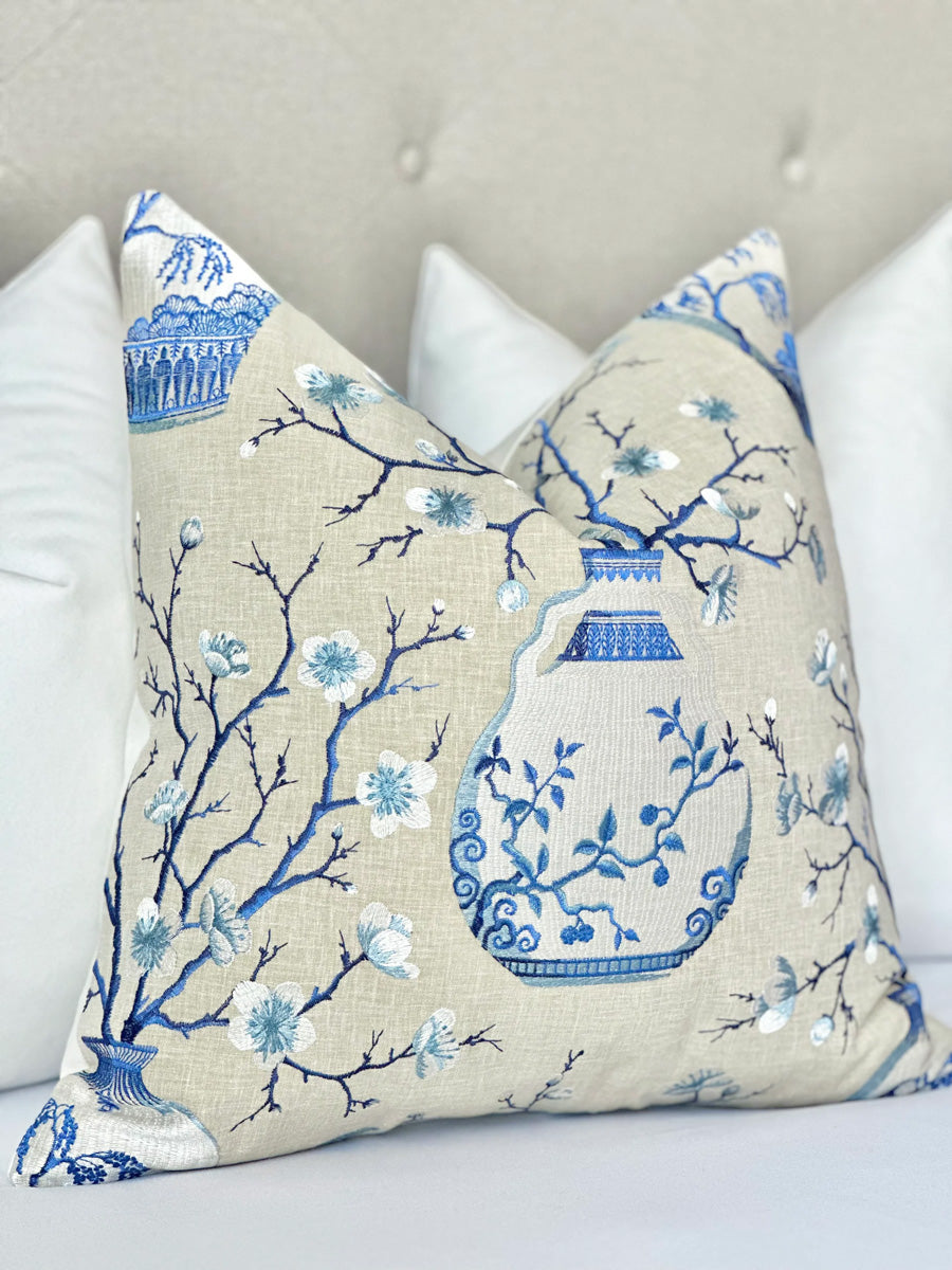 Custom made Chinoiserie chic designer pillow cover with floral embroidery, beige linen fabric, and ginger jar design. Perfect for modern decor, this luxurious throw pillow adds elegance and cultural charm to your sofa, bed, or accent chair.