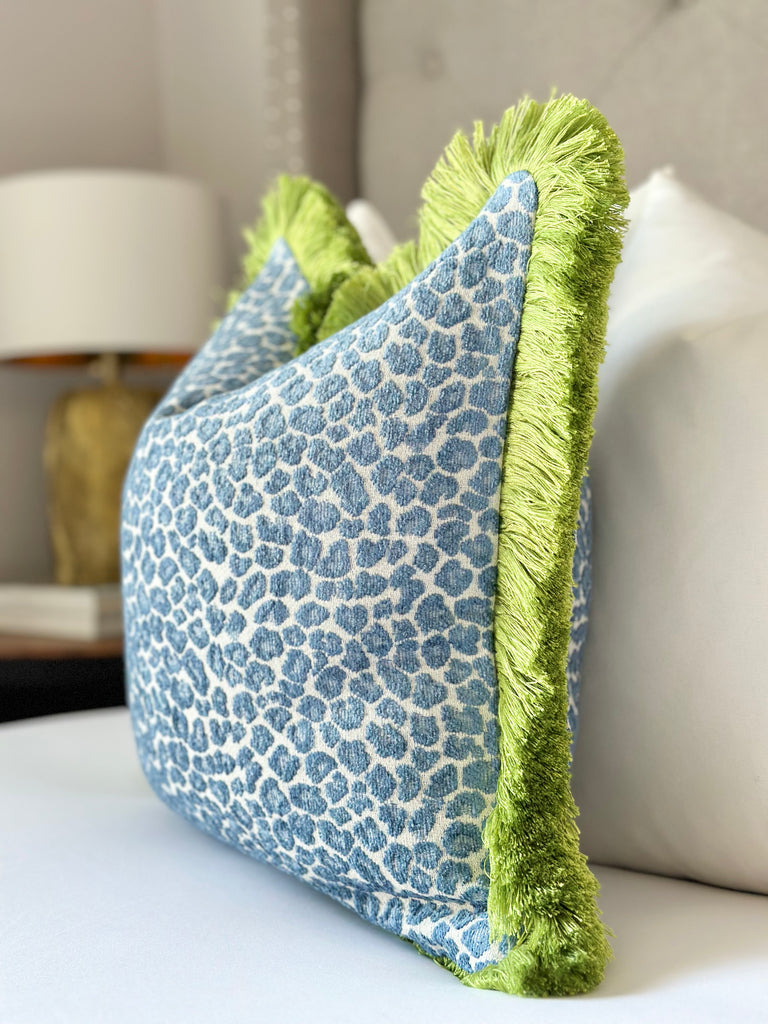 Blue cheetah throw pillow , blue throw pillow cover , Chinoiserie chic style accent pillow , custom - made pillows , handcrafted pillow cover , unique pillows , high - quality throw pillow , interior design accent , statement piece , luxurious pillow cover , luxurious accent pillows , designer fabric throw pillow , blue chenille throw pillow , green brushed fringe detailing