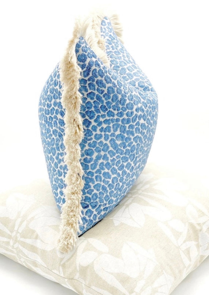 Blue cheetah with cream brushed fringe detail