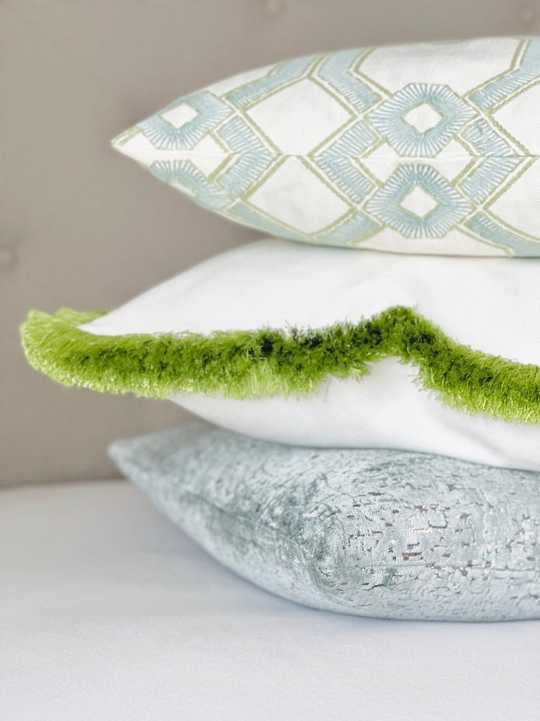 Schumacher white cotton pillow apple green fringe