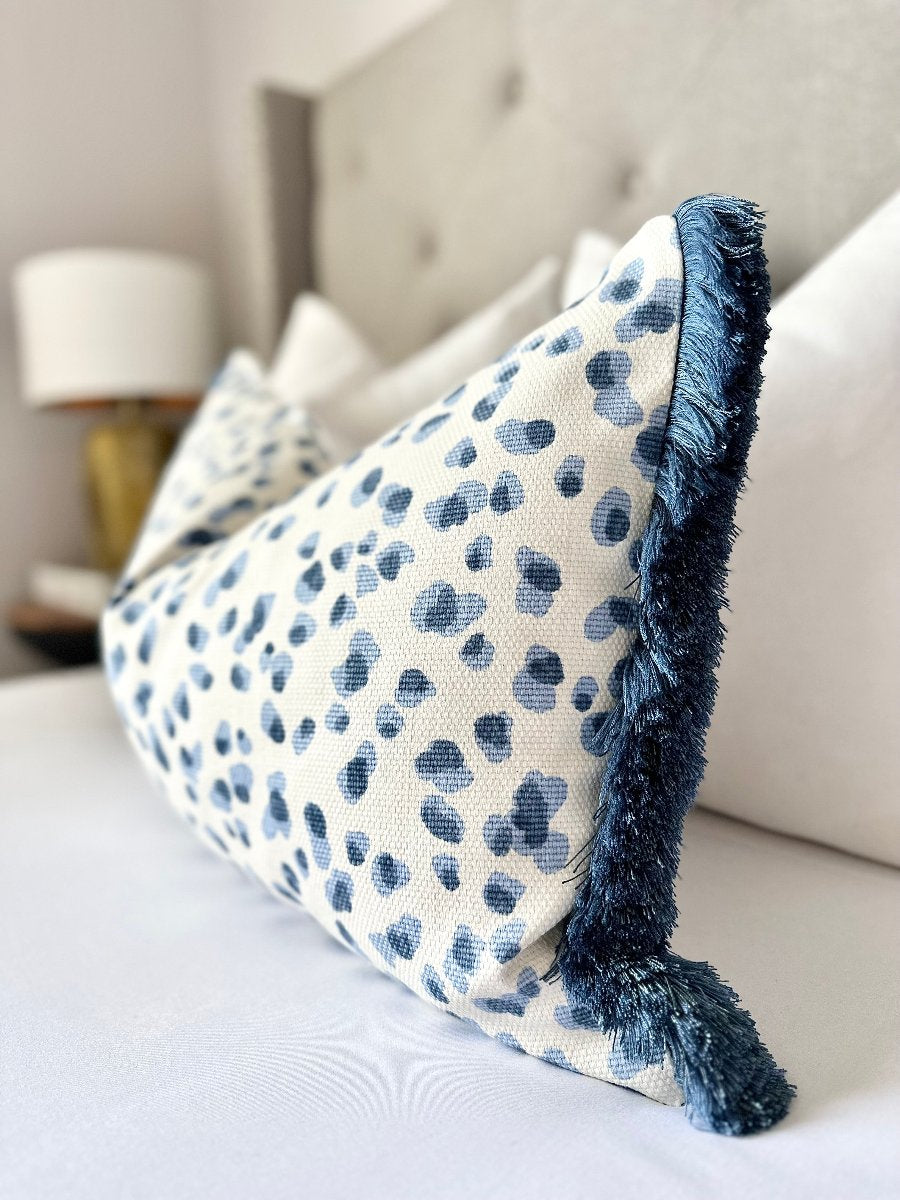 Mira blue leopard throw pillow , Mira Blue leopard throw pillow , blue - white throw pillow cover , Chinoiserie chic style accent pillow , custom - made pillows , handcrafted pillow cover , unique pillows , high - quality throw pillow , interior design accent , statement piece , luxurious pillow cover , luxurious accent pillows , designer fabric throw pillow , blue leopard  throw pillow , blue brushed fringe detailing