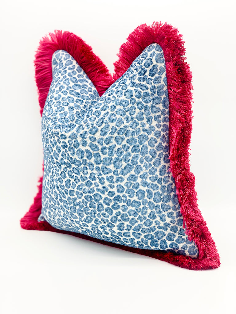 Blue cheetah throw pillow cover with magenta fuchsia fringe detail , designer pillows made of high quality designer fabrics , custom made throw pillows made in california , Chinoiserie style home decor , Blue throw pillow with magenta fringe detail