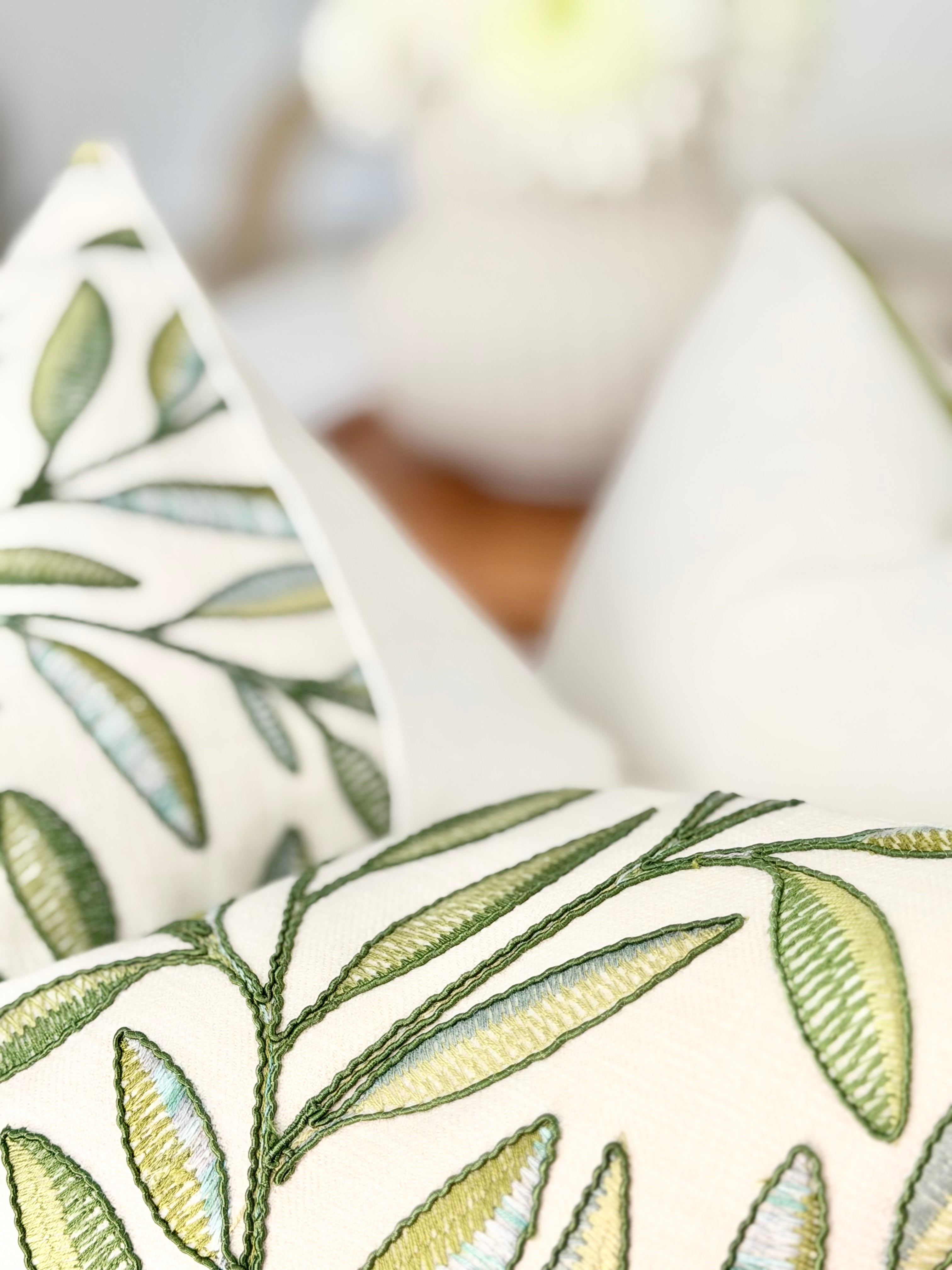 Embroidered Green Floral Pillow Cover