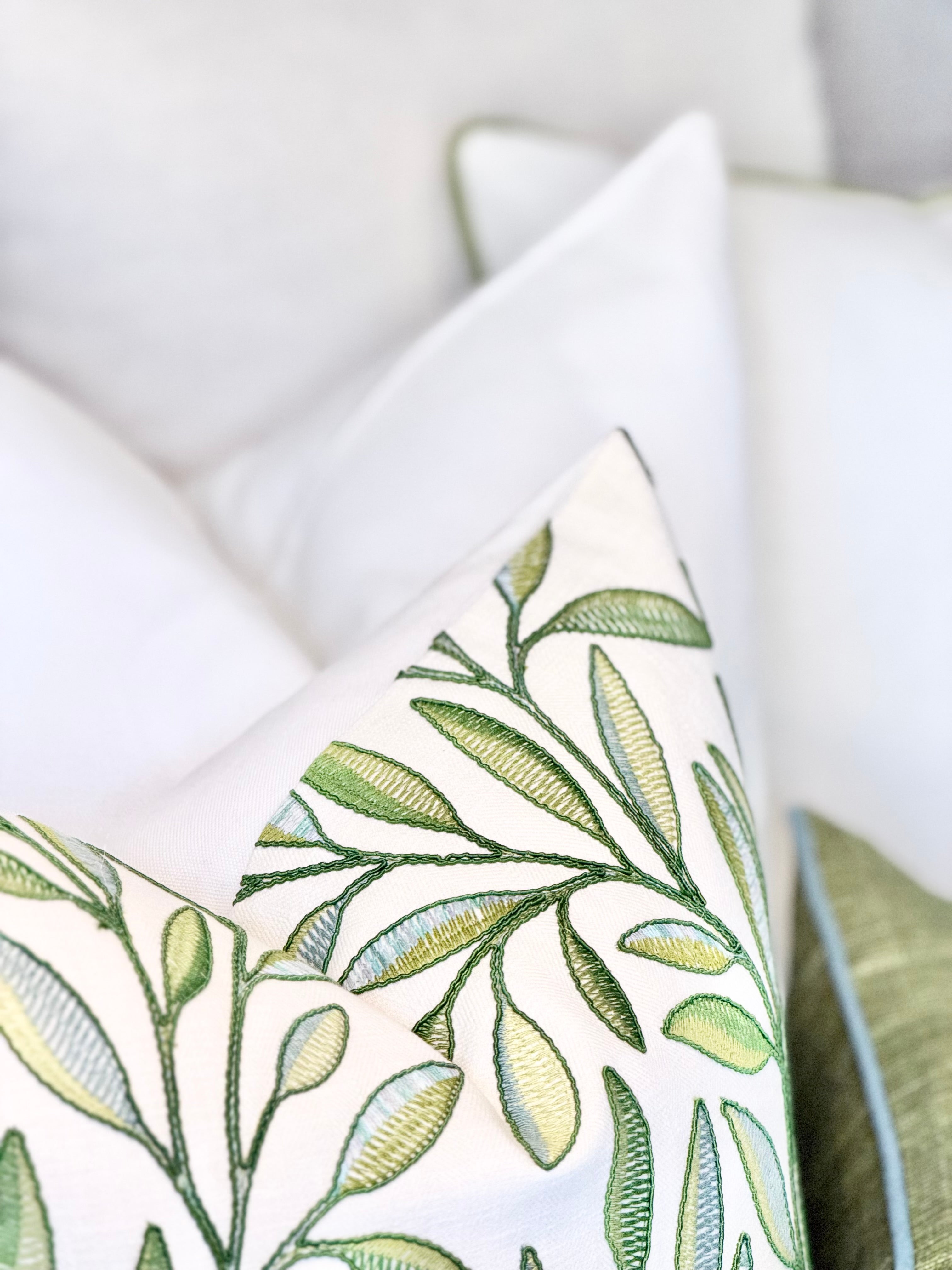 Embroidered Green Floral Pillow Cover