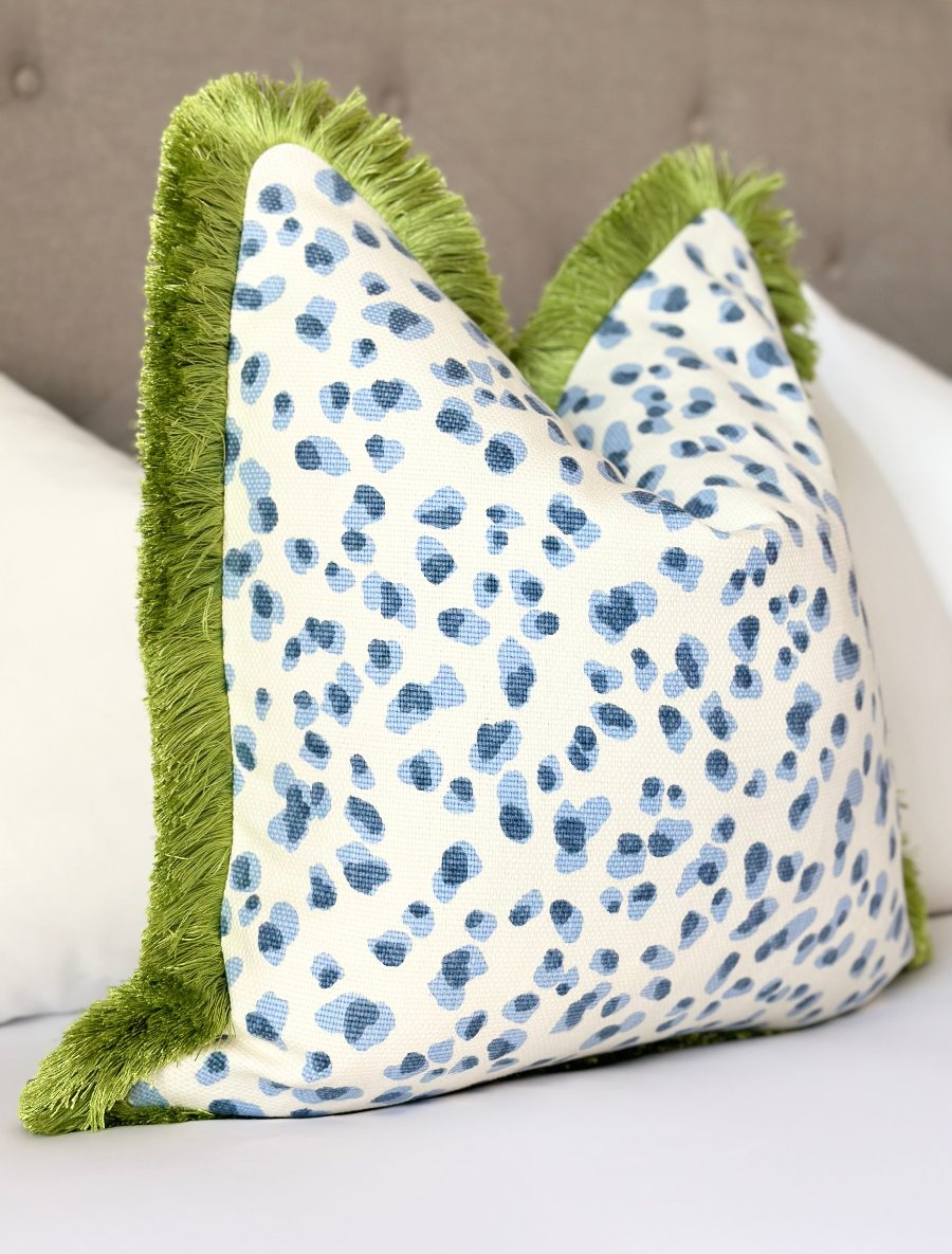 Blue Leopard Throw Pillow Cover with a luxurious blue leopard print, featuring delicate blue brushed fringe detailing. Crafted from premium designer fabric, this made-to-order pillow cover blends traditional Chinoiserie elegance with modern allure, adding an exotic touch to your interior decor.  