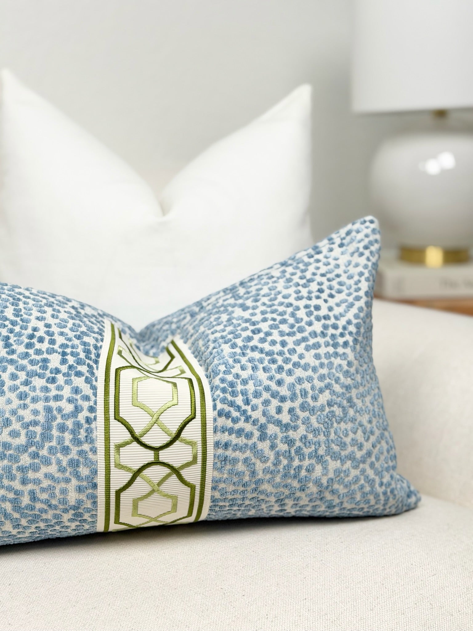 Dotted velvet pillow cover in Sky