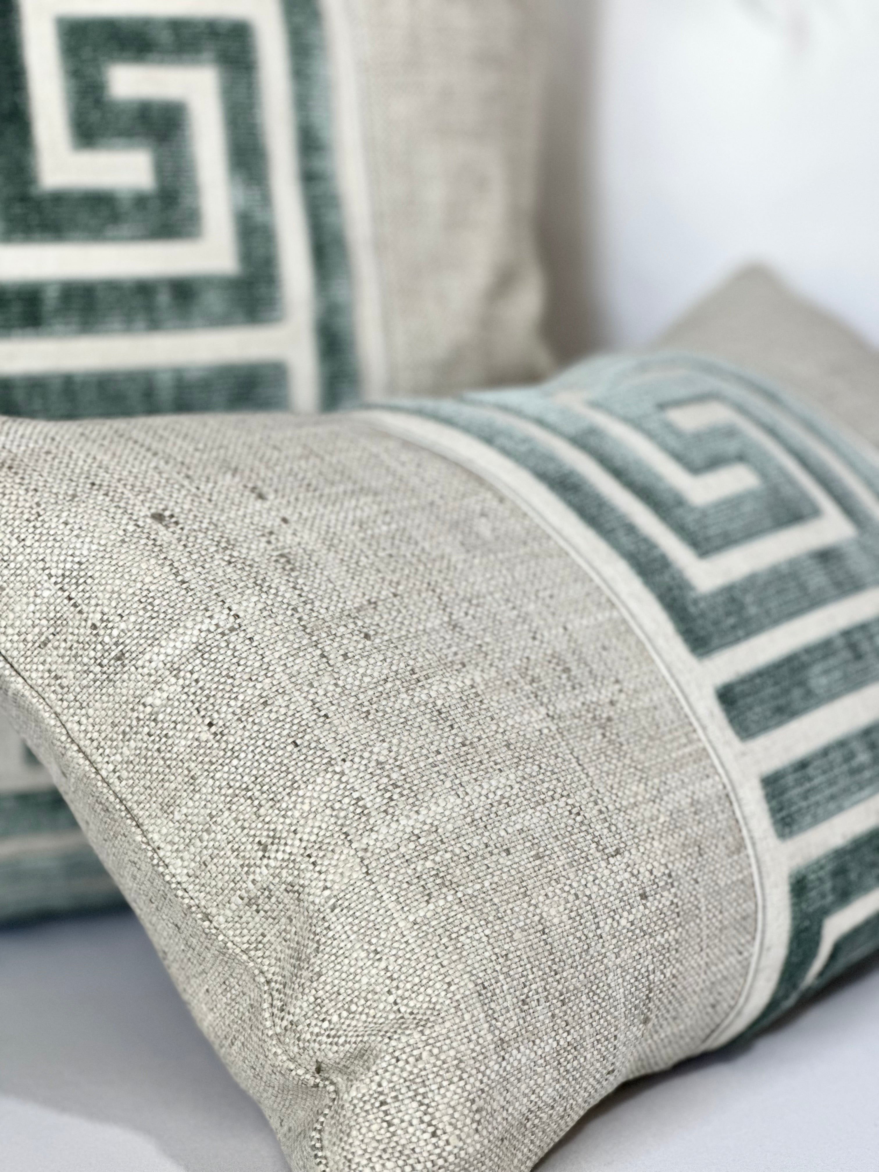 Neutral pillow cover Greek Key detail