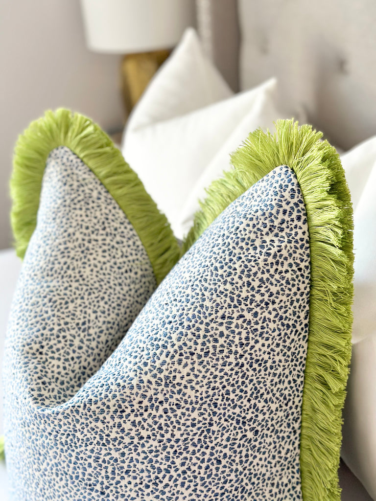 Azure spotted throw pillow cover with green brush fringe detail