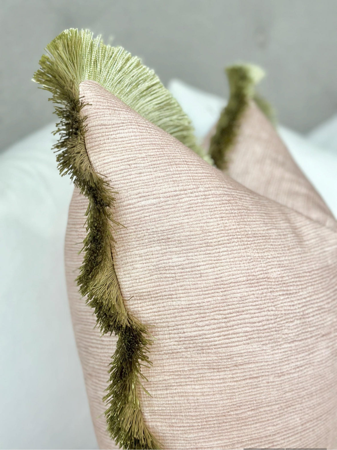 Blush throw pillow cover |olive green fringe detail