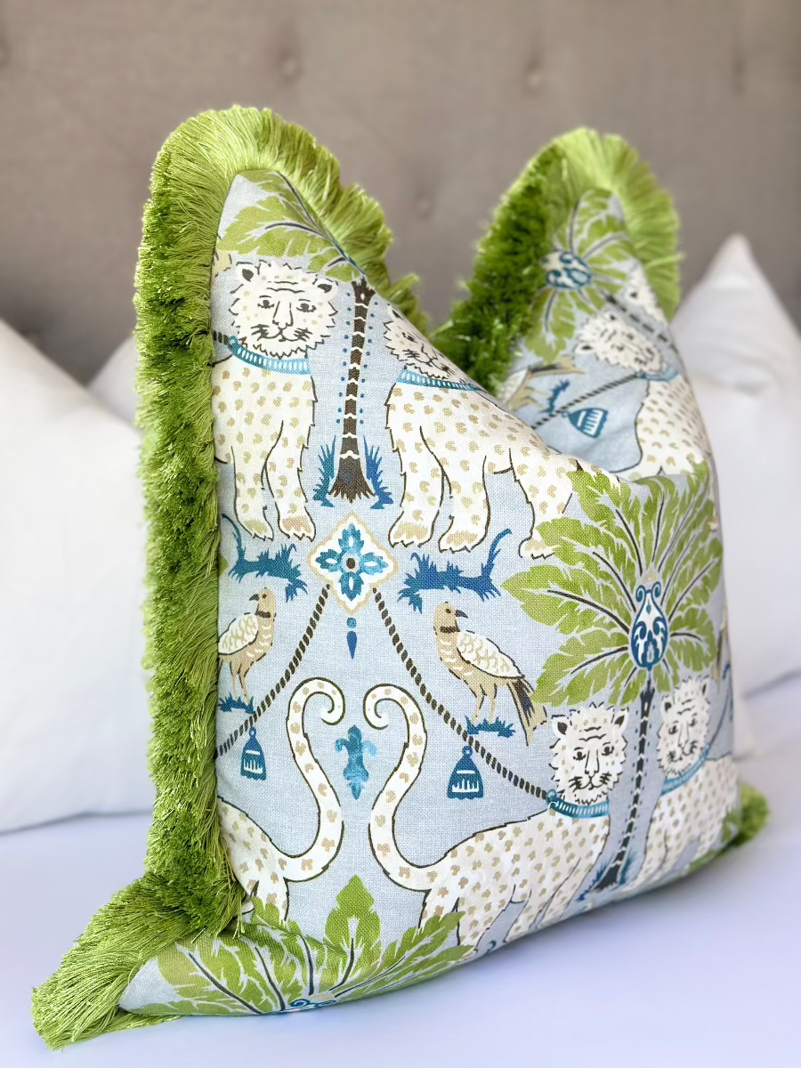 Custom happy jaguar throw pillow cover with vibrant green fringe detail, crafted from high-quality designer fabric for a unique home accent. High-quality designer fabric throw pillow cover with a cheerful jaguar pattern and striking green fringe, perfect for adding a playful touch to your living space.