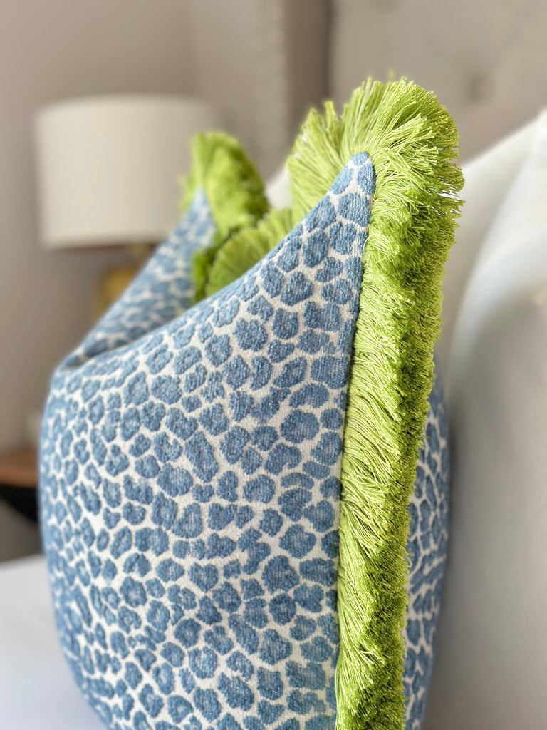 Cheetah pillow cover w green brush fringe detail
