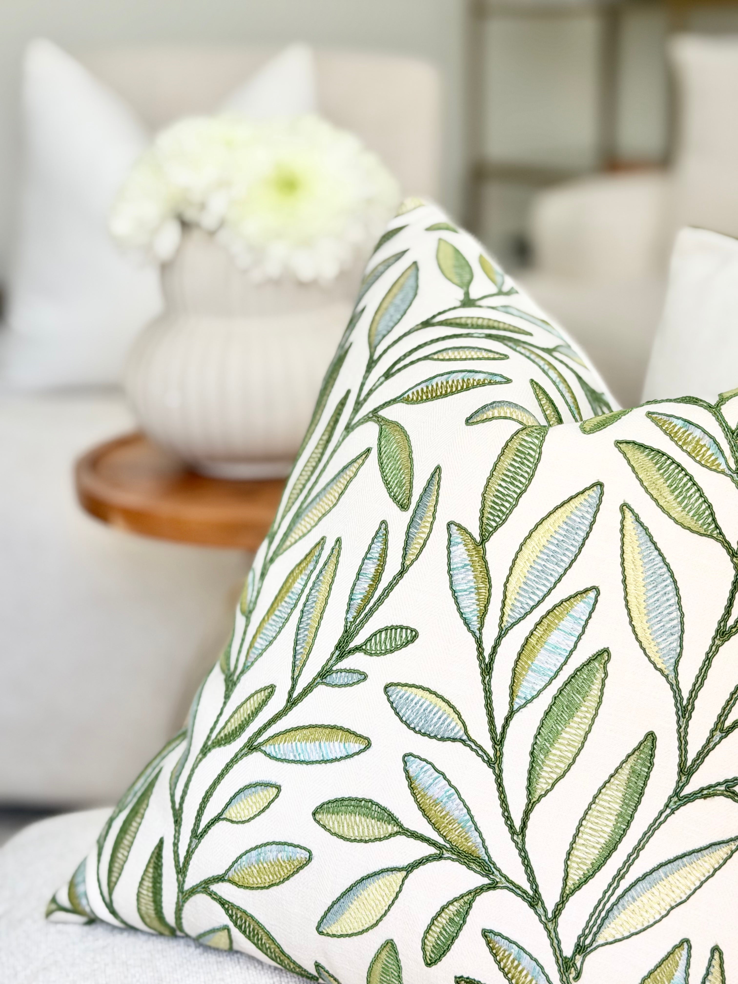 Embroidered Green Floral Pillow Cover