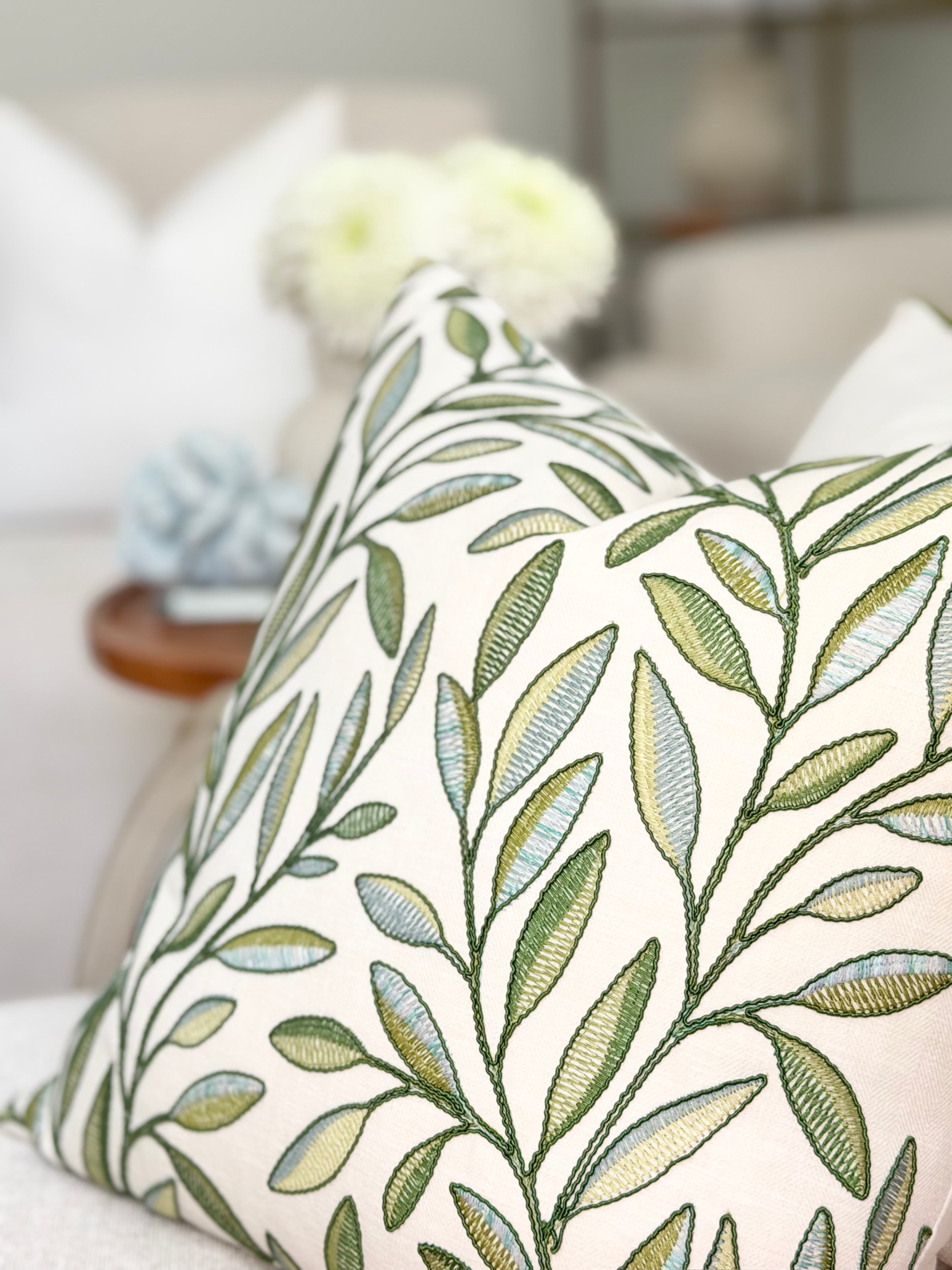 Embroidered Green Floral Pillow Cover