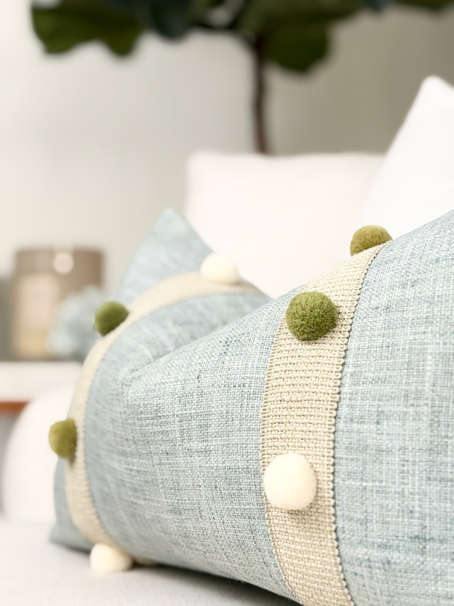 Seaglass Blue Throw Pillow with Pom-Pom Detail