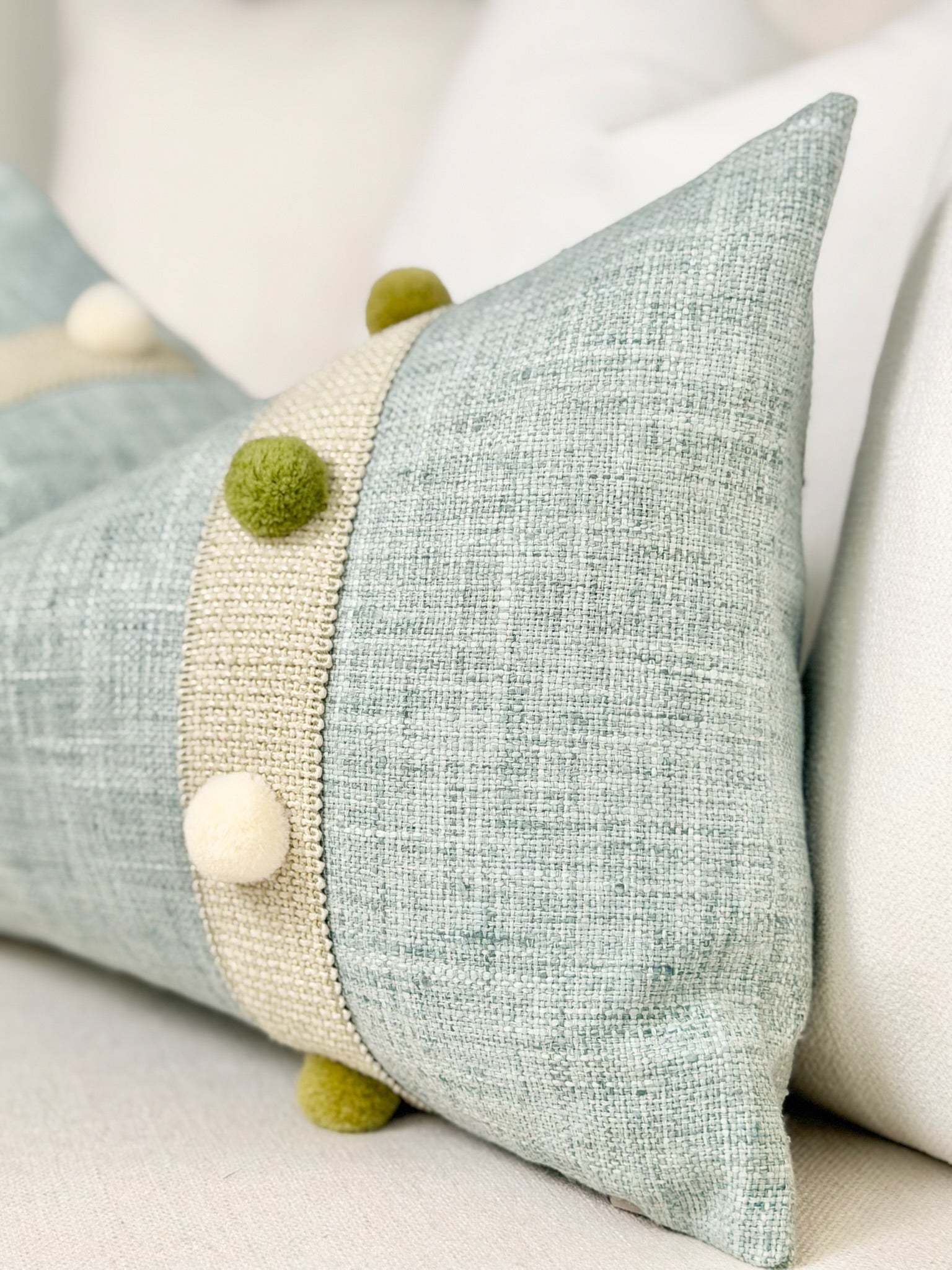 Seaglass Blue Throw Pillow with Pom-Pom Detail