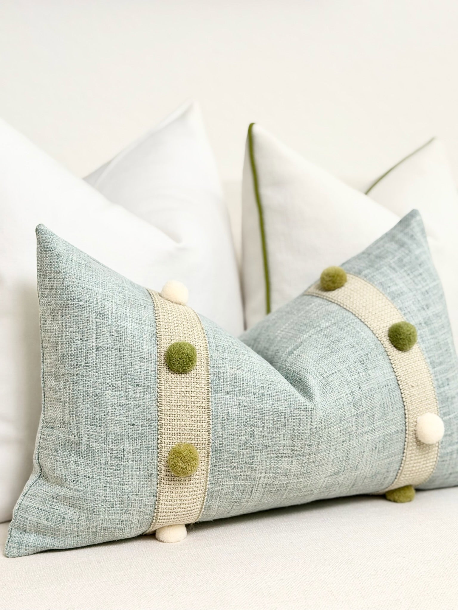 Seaglass Blue Throw Pillow with Pom-Pom Detail
