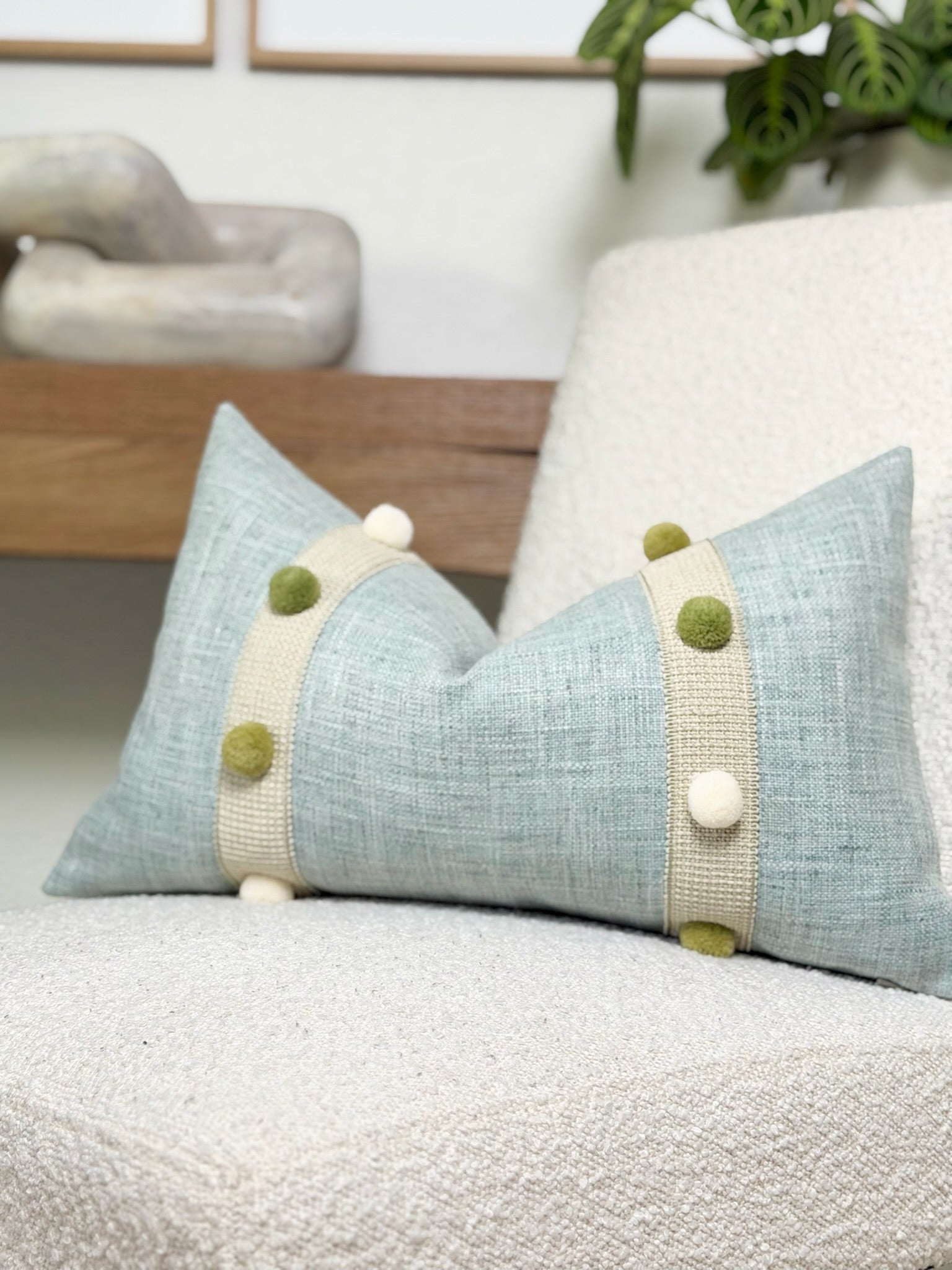 Seaglass Blue Throw Pillow with Pom-Pom Detail