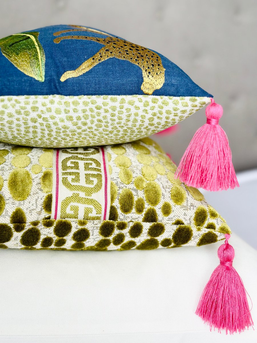 mini throw pillow cover, cheetah pillow, embroidered pillow, luxury pillow, pink tassels, royal blue pillow, gold embroidery, decorative pillow, accent pillow, textured fabric, designer pillow, chic home decor, modern pillow