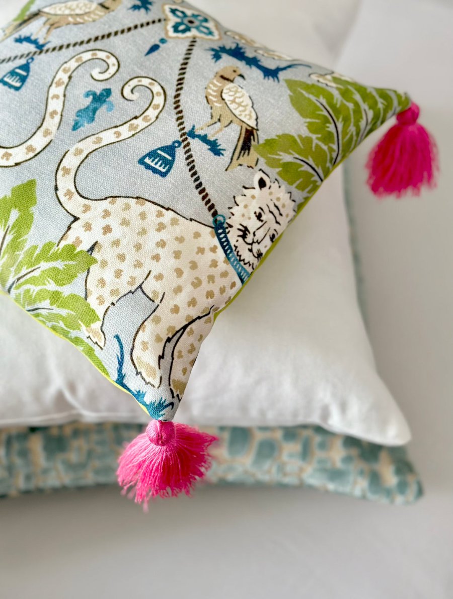 Mini Jaguar Print Throw Pillow Cover with Green Palm Trees and Pink Tassels. mini throw pillow, jaguar print pillow, palm tree pillow, pink tassels, decorative pillow, luxury pillow cover, tropical decor, custom pillow