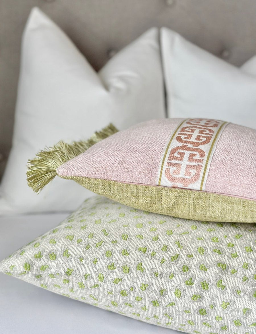 Mini Blush Pink Throw Pillow Cover with Olive Green Brush Fringe. This chic accent pillow adds elegance and charm to any space with its soft blush pink fabric and unique olive green fringe. Mini throw pillow, blush pink pillow, olive green fringe