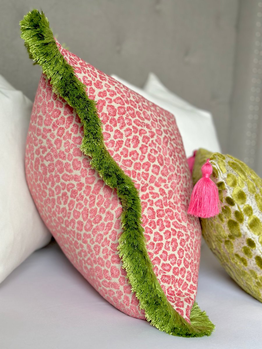 Custom-made Pink Cheetah Accent Pillow Cover featuring a soft chenille fabric with a bold cheetah spot pattern and apple green brushed fringe detail. This designer pillow adds a playful yet sophisticated touch to modern or chinoiserie decor.