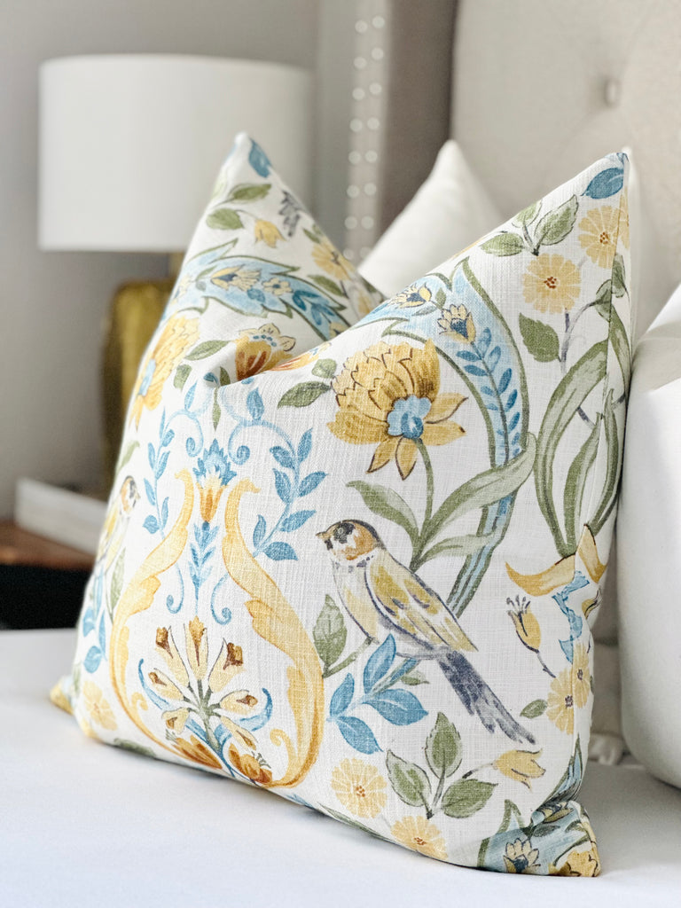 Floral bird print throw pillow cover