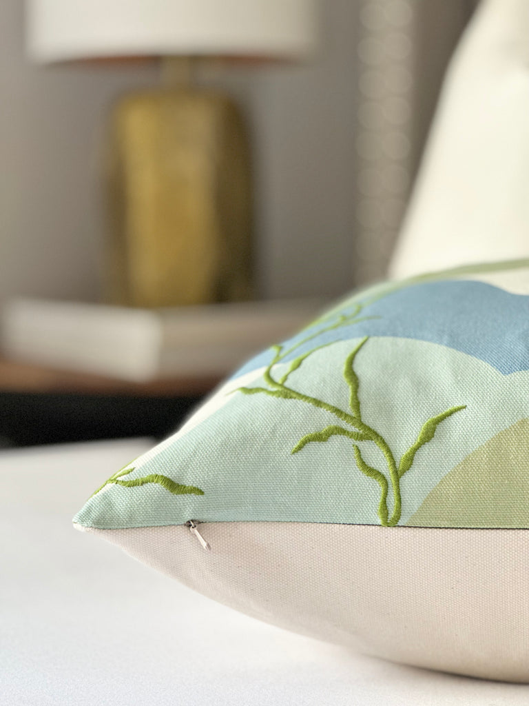Embroidered pillow cover landscape print