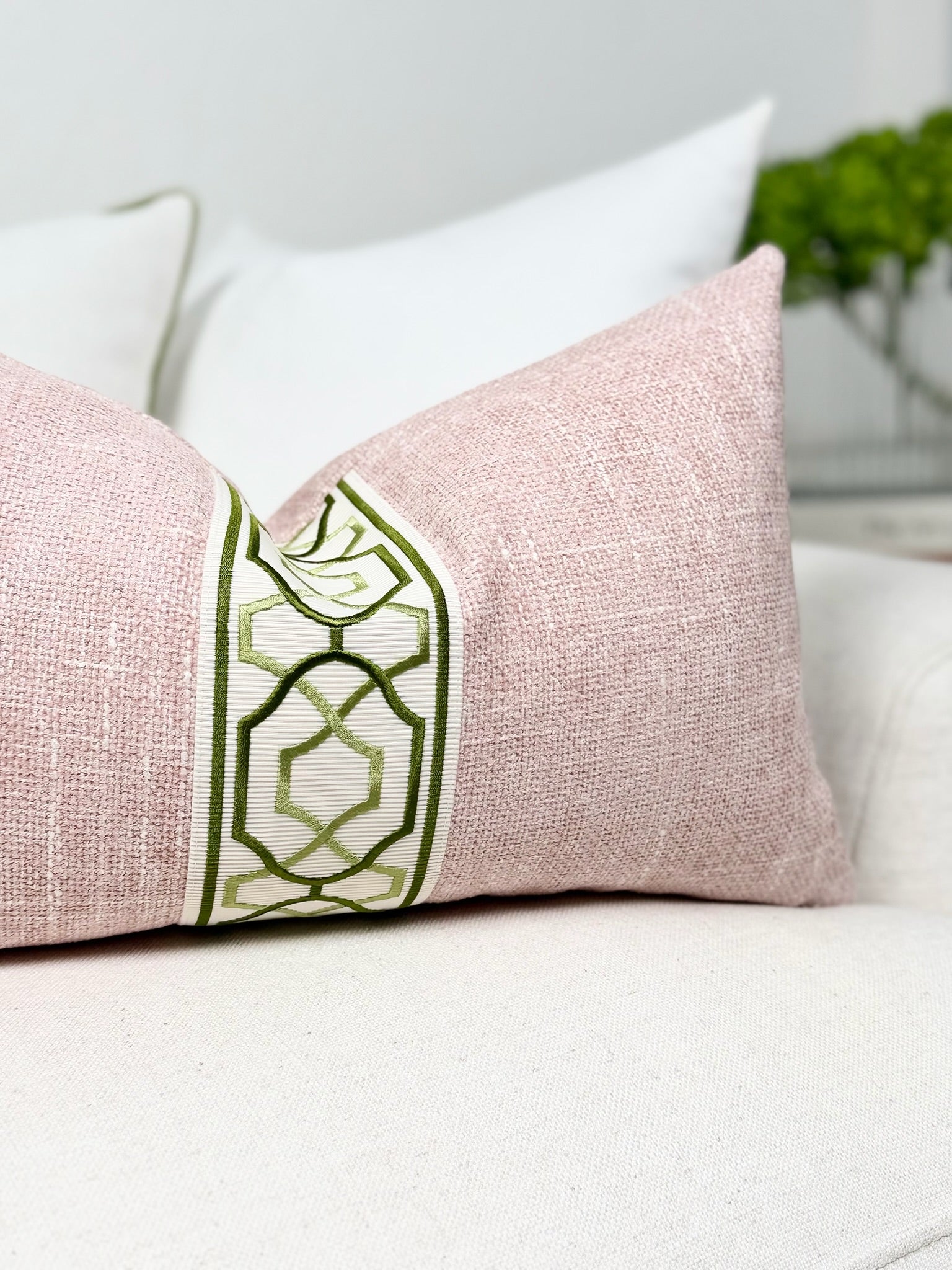 Pink Throw Pillow Cover with Green Decorative Tape Detail
