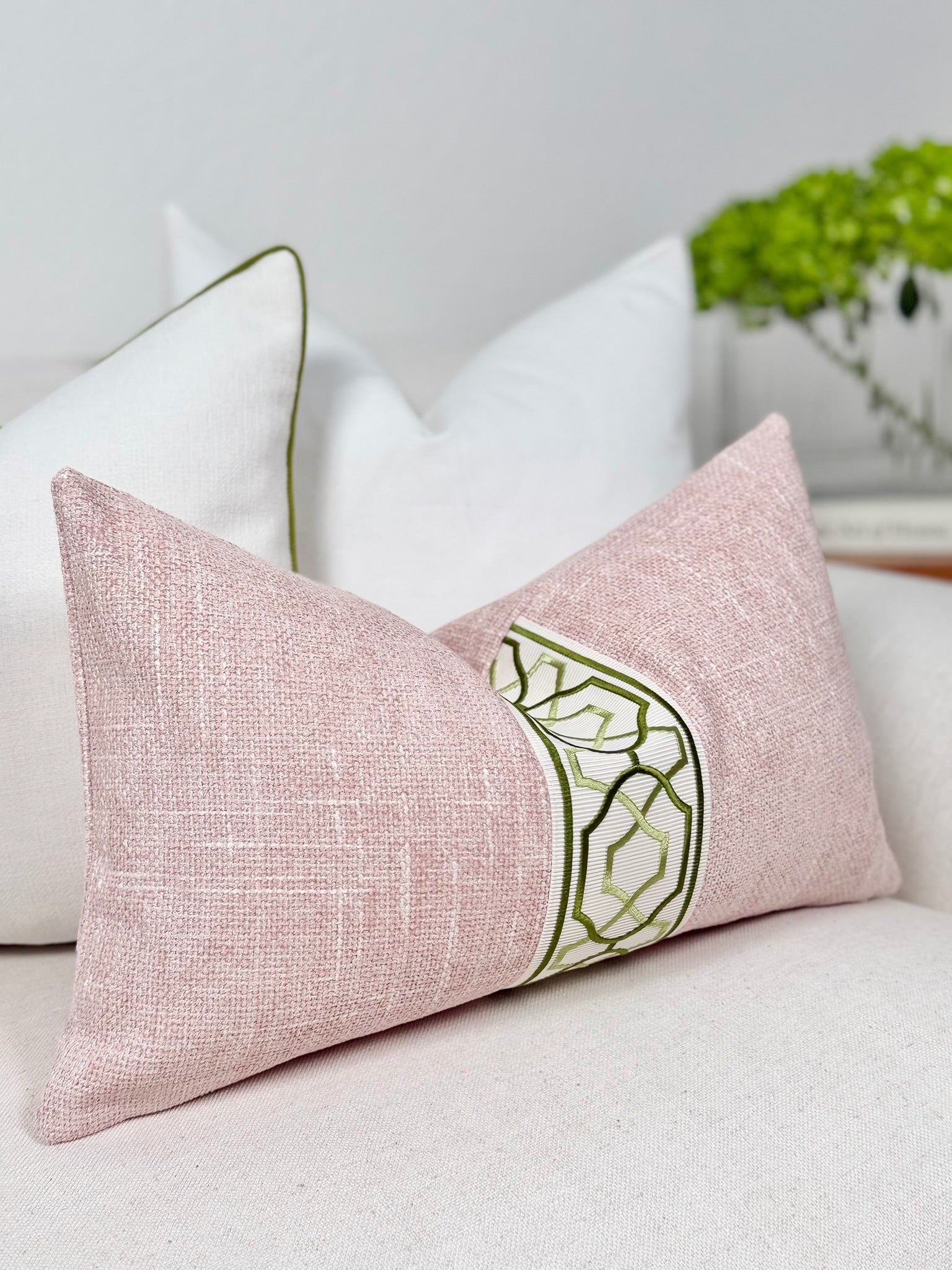 Pink Throw Pillow Cover with Green Decorative Tape Detail