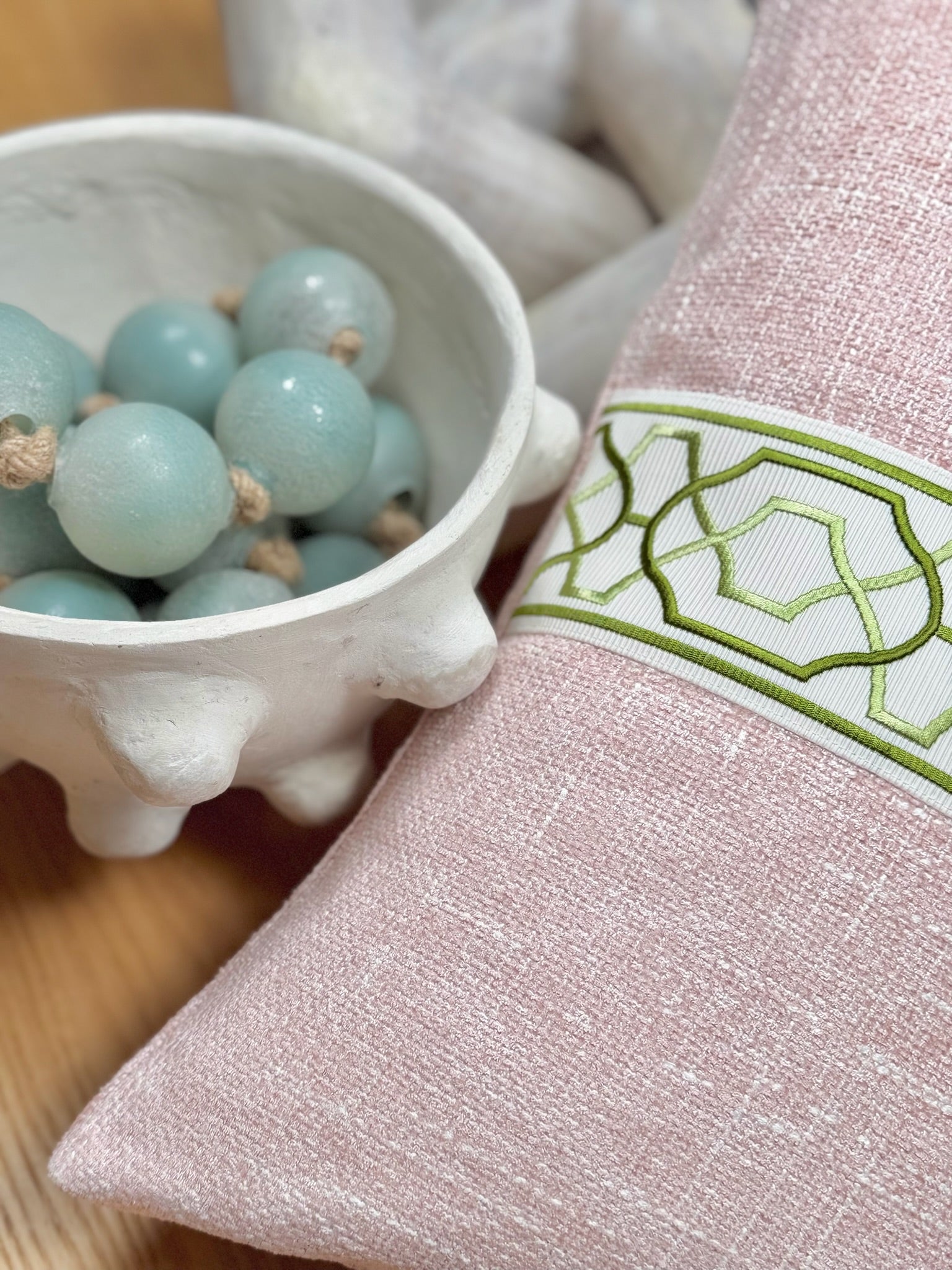 Pink Throw Pillow Cover with Green Decorative Tape Detail