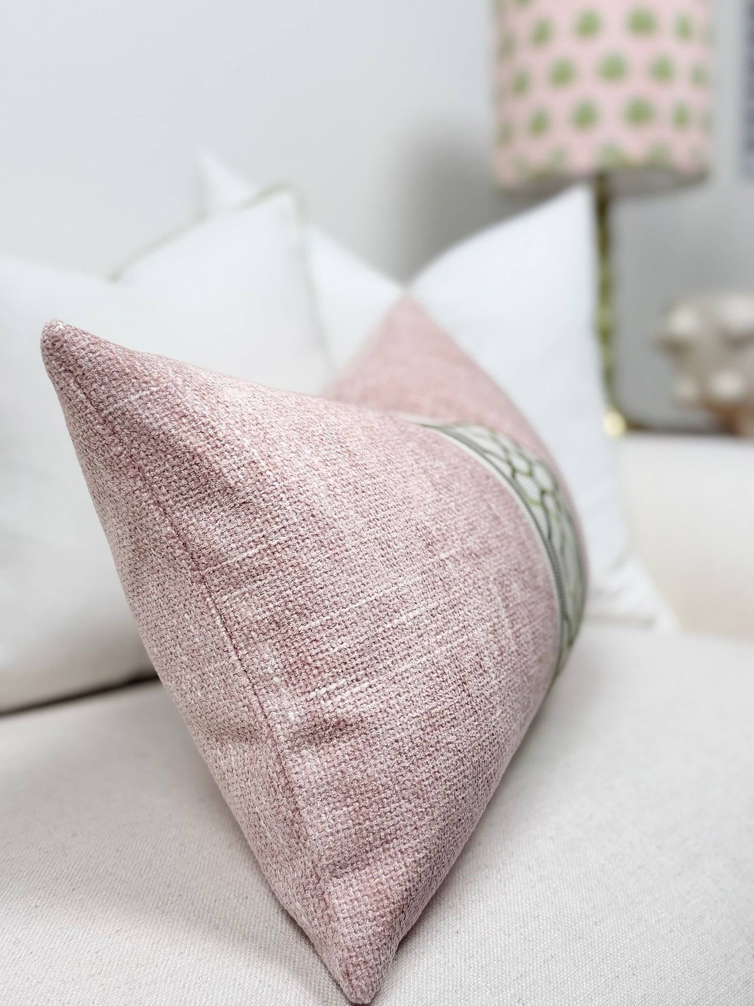 Pink Throw Pillow Cover with Green Decorative Tape Detail