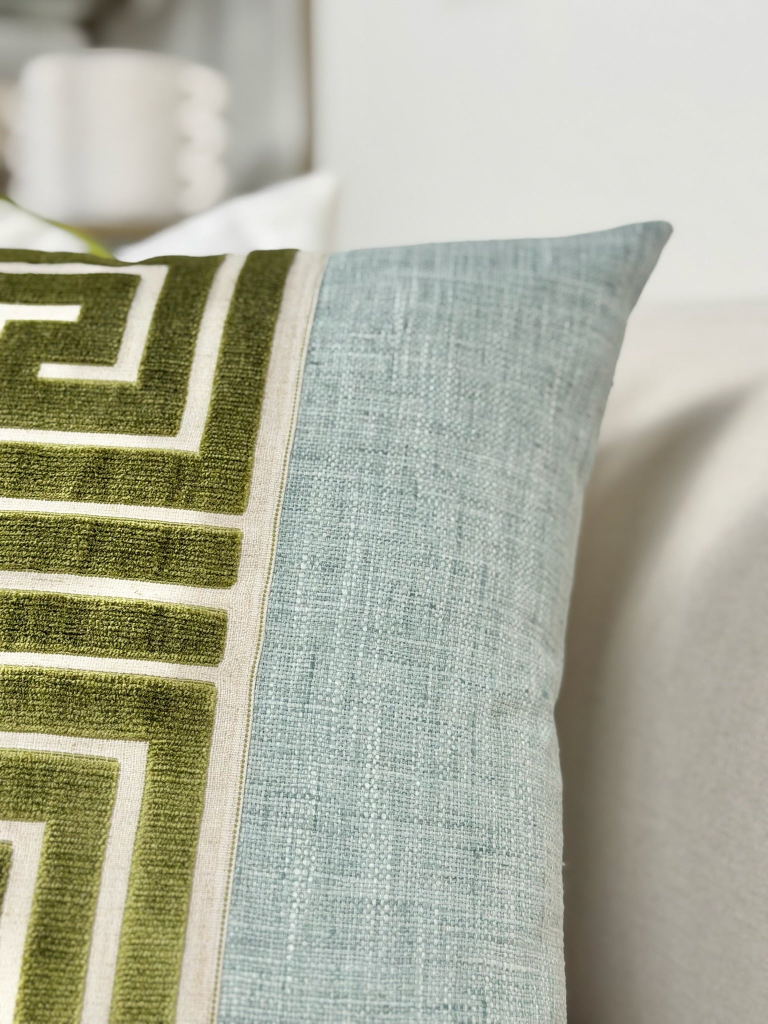 Seaglass Blue Throw Pillow with Greek Tape Detail