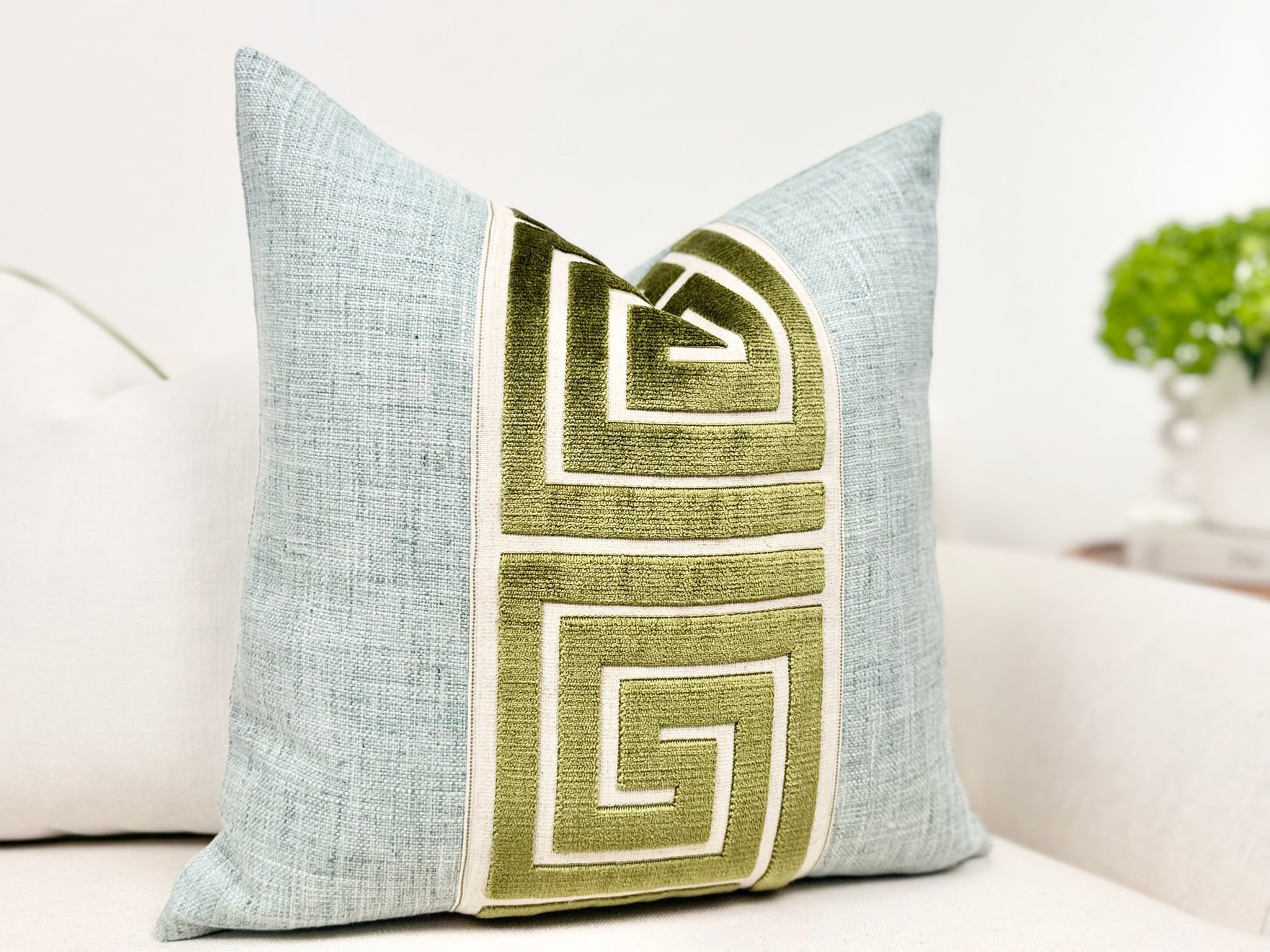 Seaglass Blue Throw Pillow with Greek Tape Detail