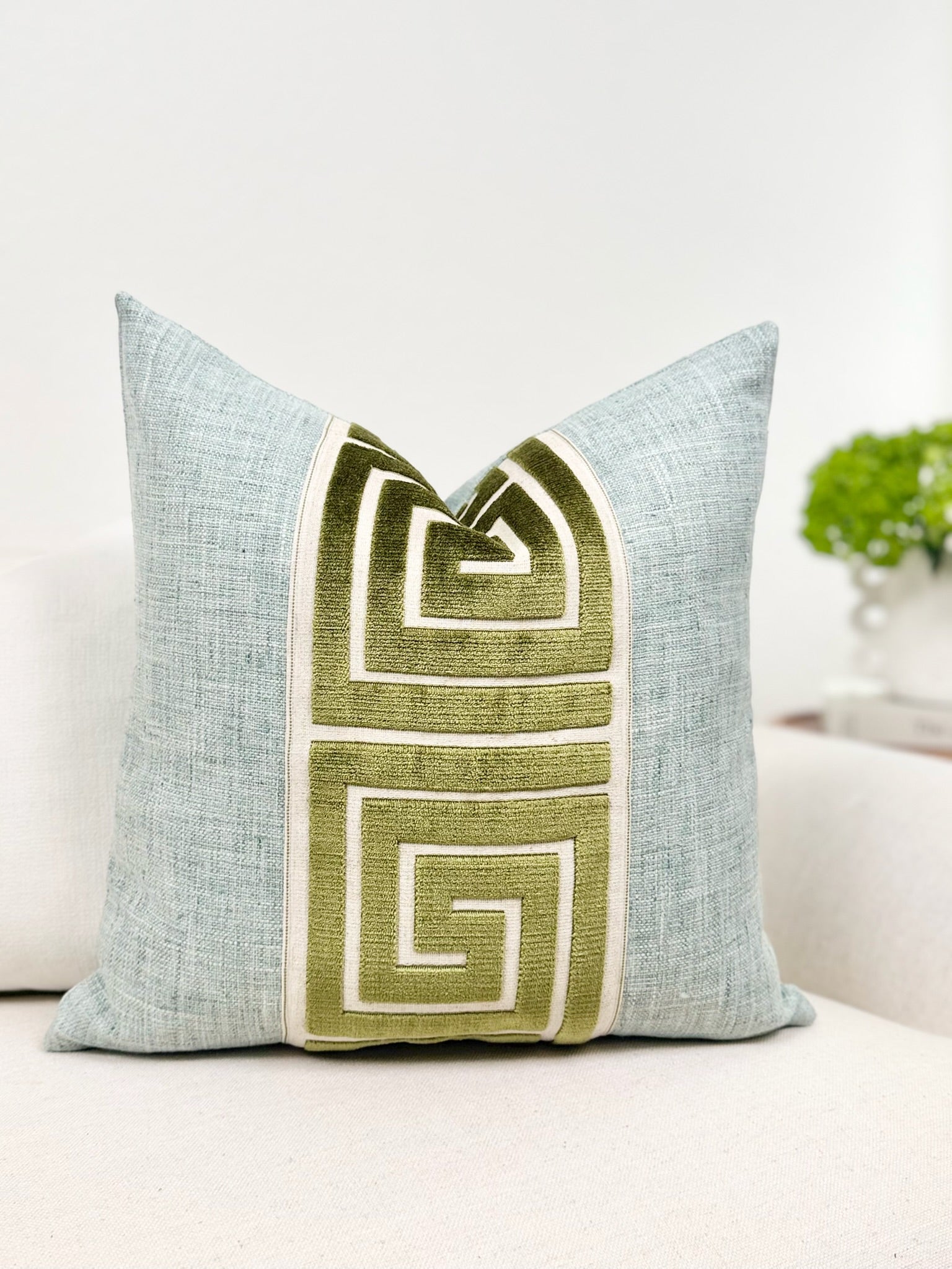 Seaglass Blue Throw Pillow with Greek Tape Detail